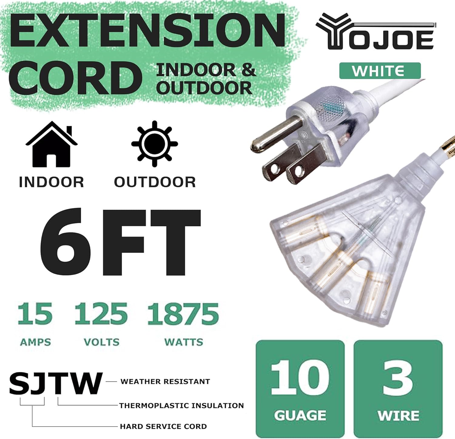 Yojoe 3 Outlets Indoor Outdoor Extension Cord With Lighted End, 3 Prong 15A Weatherproof Power Cord, 10 Gauge Heavy Duty 6 Ft Wh