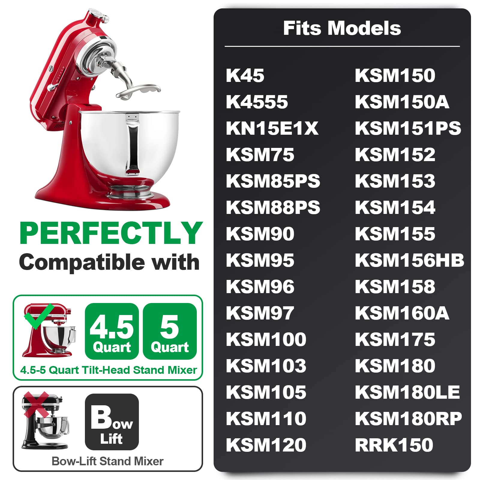 Spiral Dough Hook Replacement For Kitchenaid 4.5/5 Qt. Tilt Head Stand Mixers, 18/8 Stainless Steel K45Dh Dough Hook For Kitchen