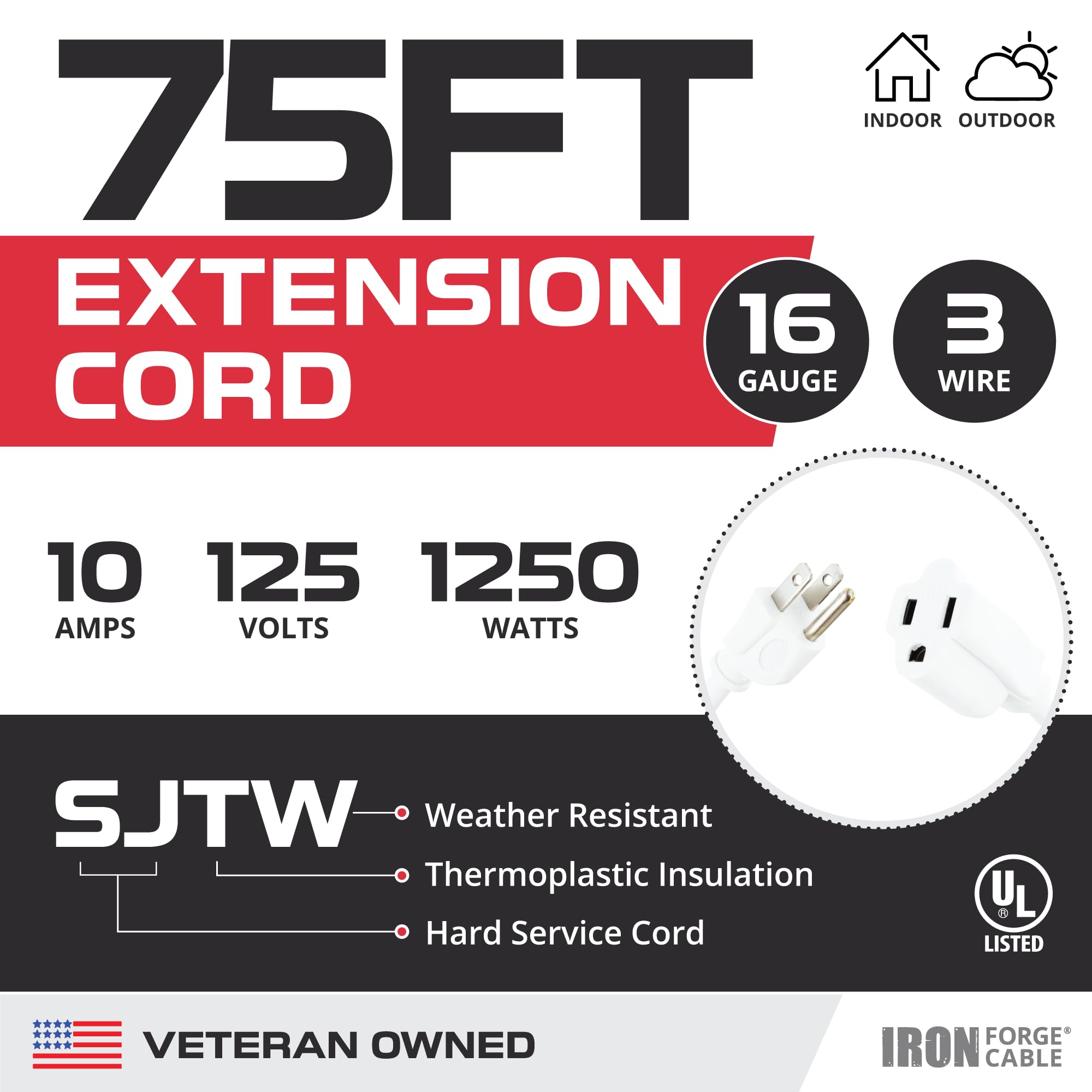 Iron Forge Cable Outdoor Extension Cord 75 Ft, 16 Gauge Heavy Duty Power Extension Cords 3 Prong Weatherproof   Sjtw   Great For