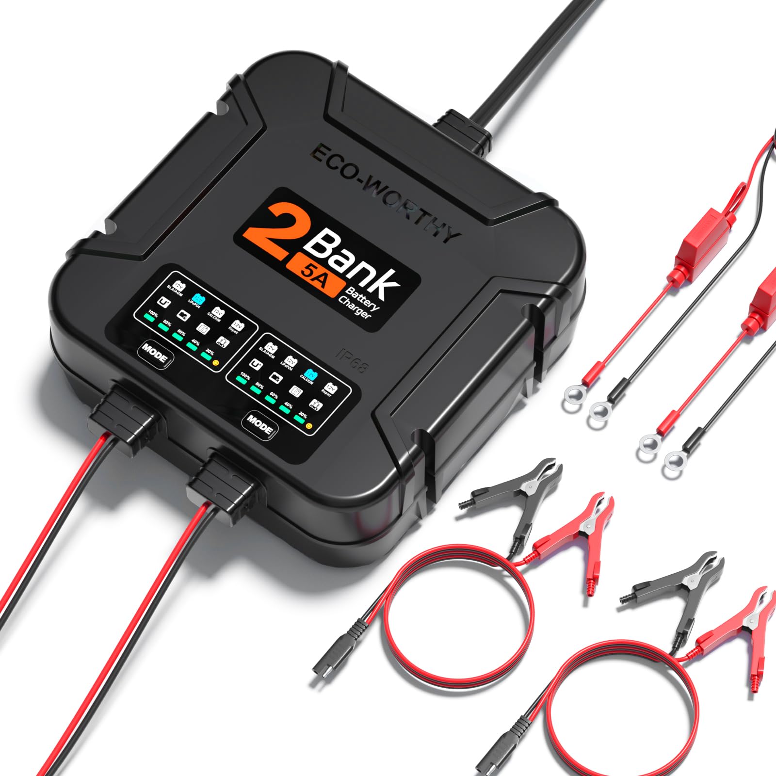 Eco-Worthy 2-Bank Marine Battery Charger 10A (5A/Bank), Ip68 Waterproof 12V Charger & Maintainer For Boat Rv Car, Lead-Acid Life