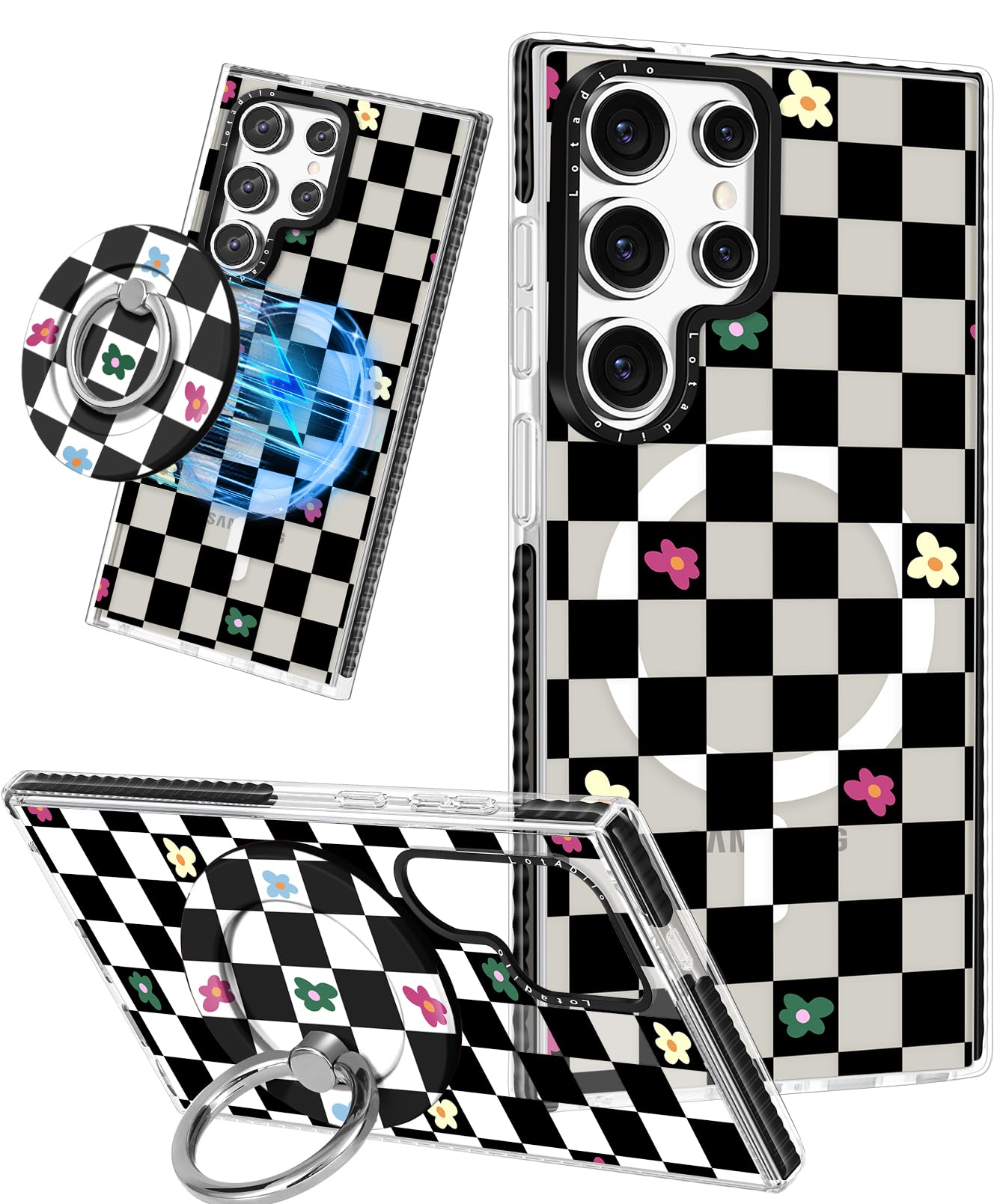 Lotadilo Cute Case for Samsung Galaxy S25 Ultra for Women Girls - Funny Plaid Flower Design Compatible with Magsafe Magnetic Rin