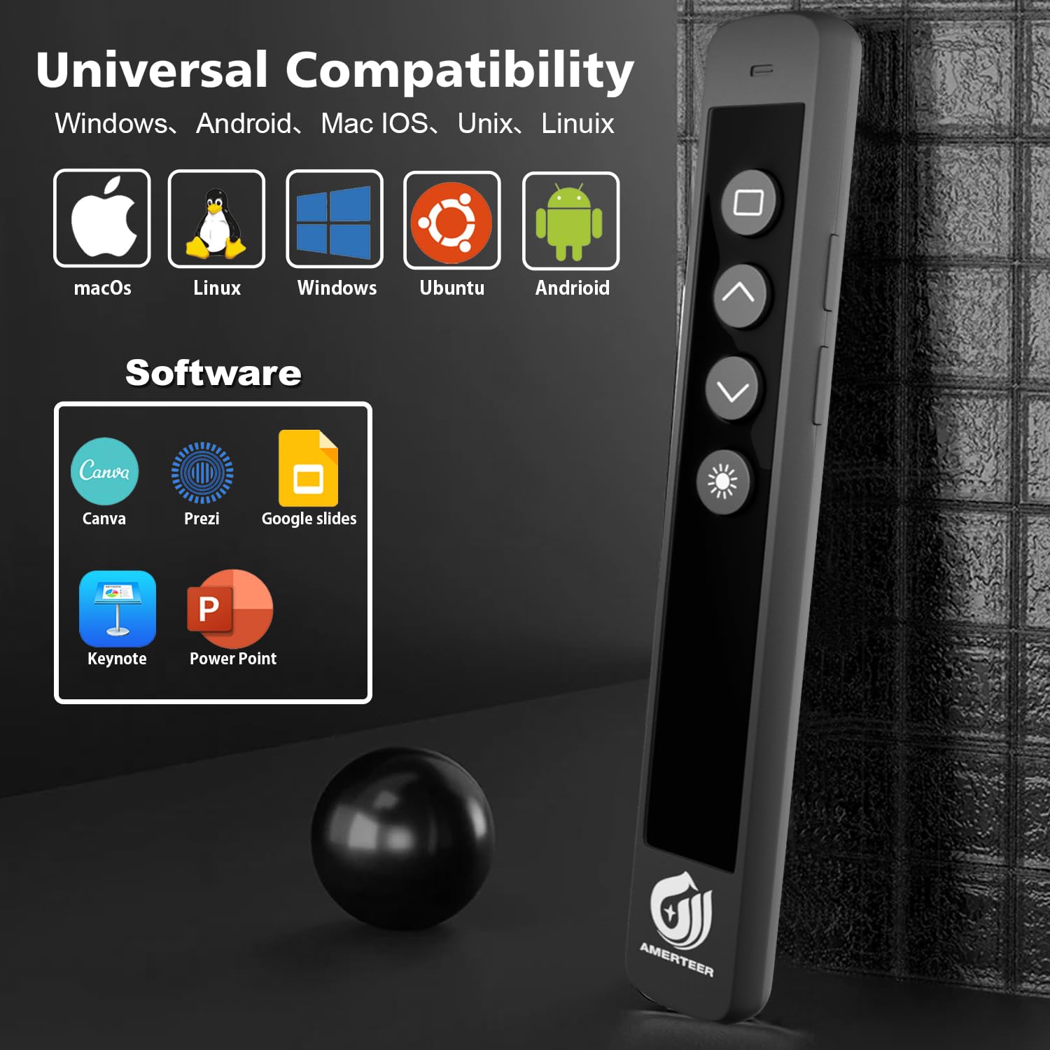 Amerteer Wireless Presenter Remote - Presentation Clicker With 2.4Ghz Rf Hyperlink & Volume Control, Built-In Rechargeable Batte