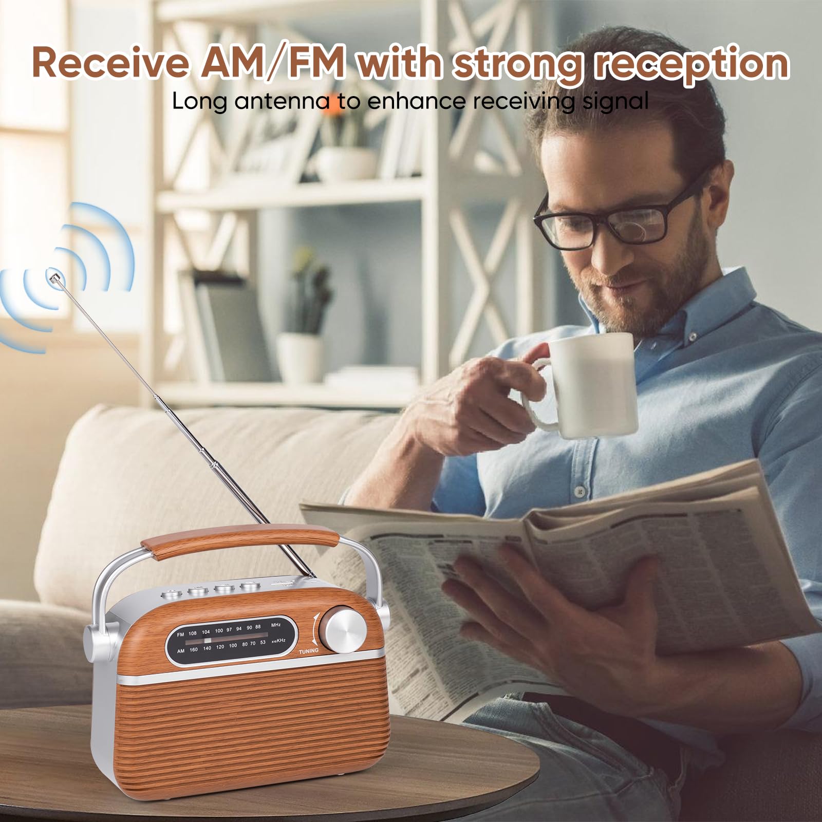 Ongteed Portable Am Fm Analog Radio Plug In Wall With Bluetooth Speak, 3 Way Power Sources, Built In Rechargeable Battery, Ac Or