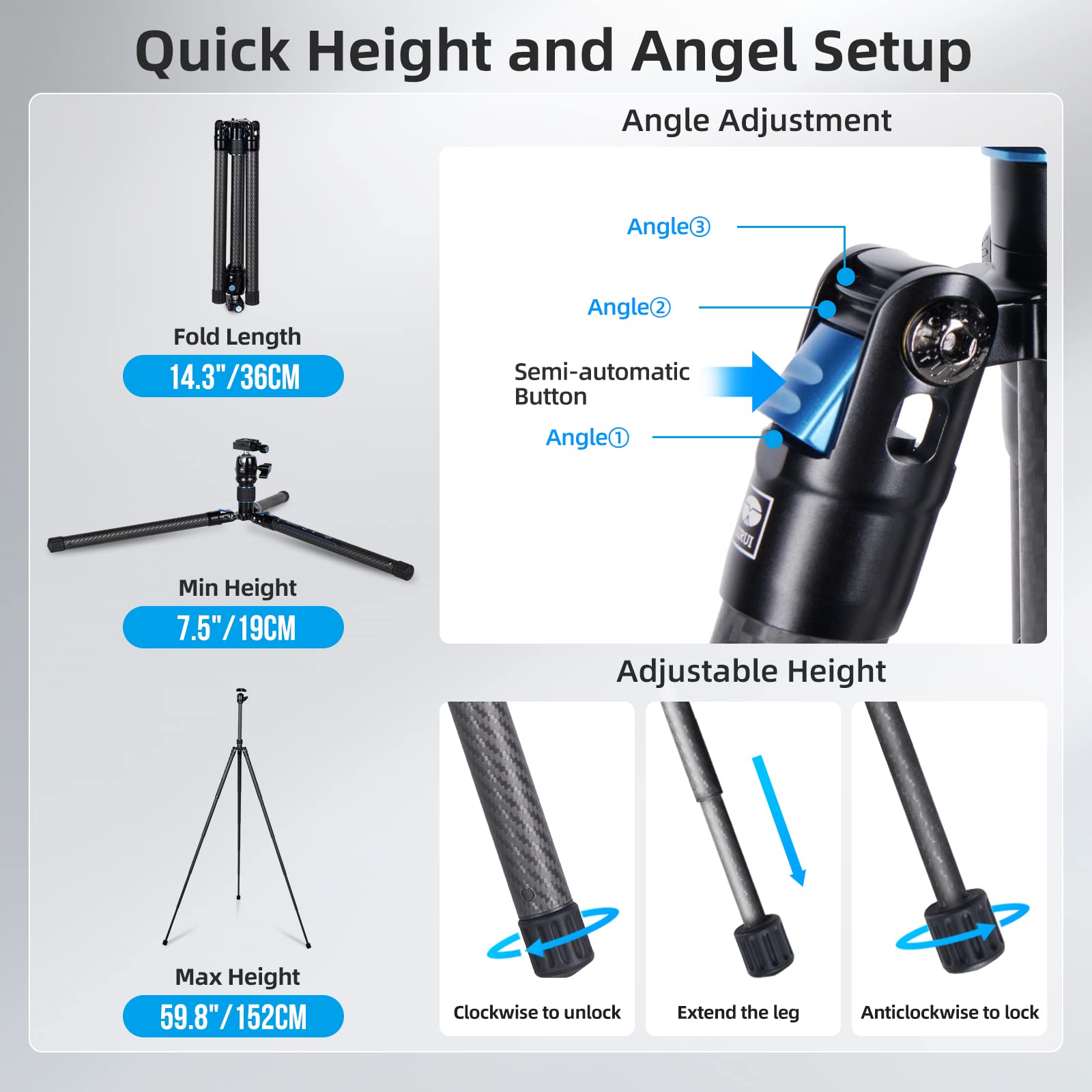 Sirui Carbon Fiber Tripod With B 00K Panoramic Ball Head, 59.8� Compact Lightweight Travel Tripod At 125, Quick Release Reverse Folding Legs, Reversible Center Column, Max Load 22Lbs   Traveler X I