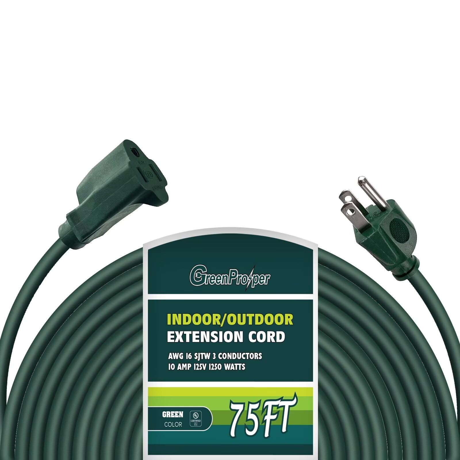 Greenprosper 75 Ft Indoor Outdoor Green Extension Cord, 16 Gauge Waterproof Electrical Power Cable, 16/3 Sjtw 3 Prong Grounded P