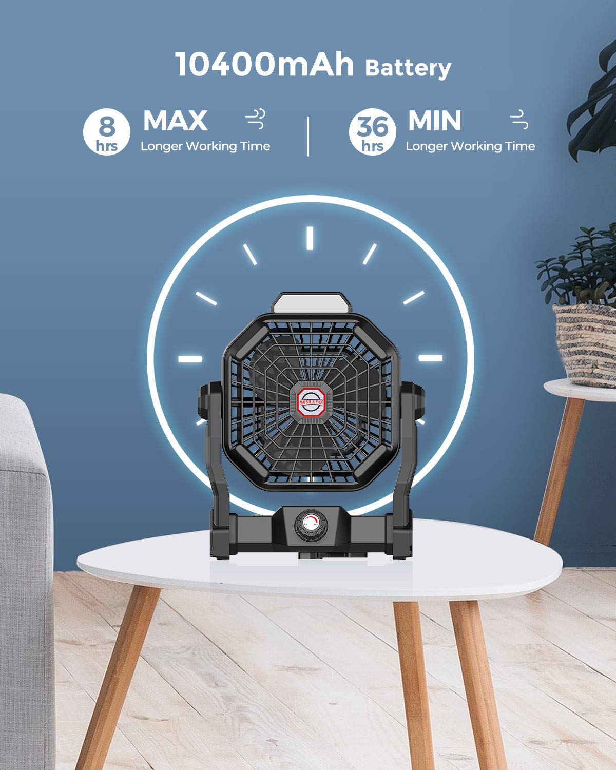 Camping Fan With Led Lantern, 10400 Mah 9 Inch Rechargeable Battery Powered Fan With 270Head Rotation, Stepless Speed And Quiet