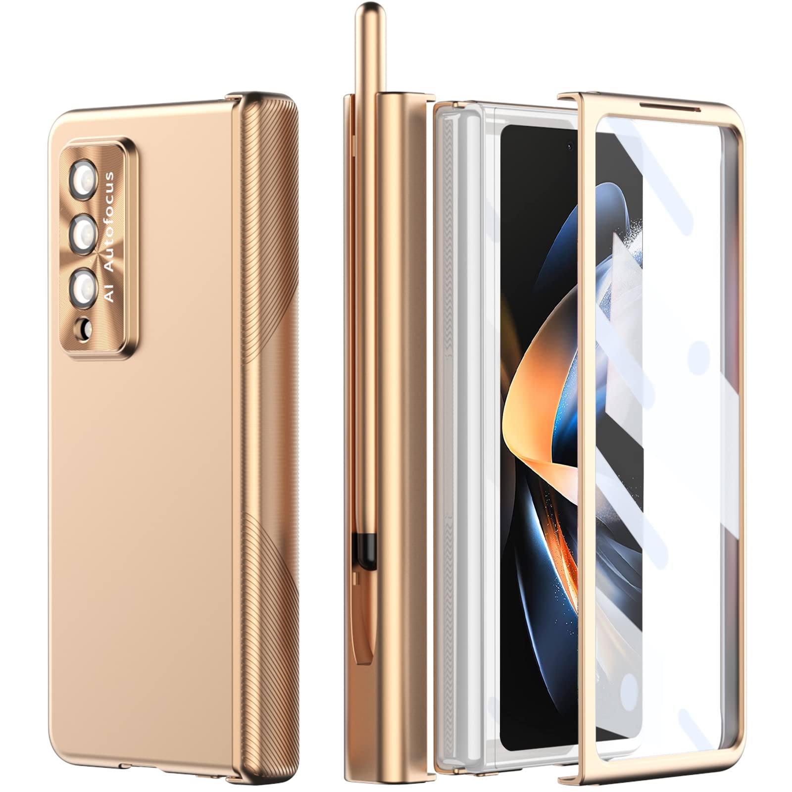 Ninki 4 In 1 Magnetic S Pen Case For Galaxy Z Fold 4 5G With Hinge Protection   Gold