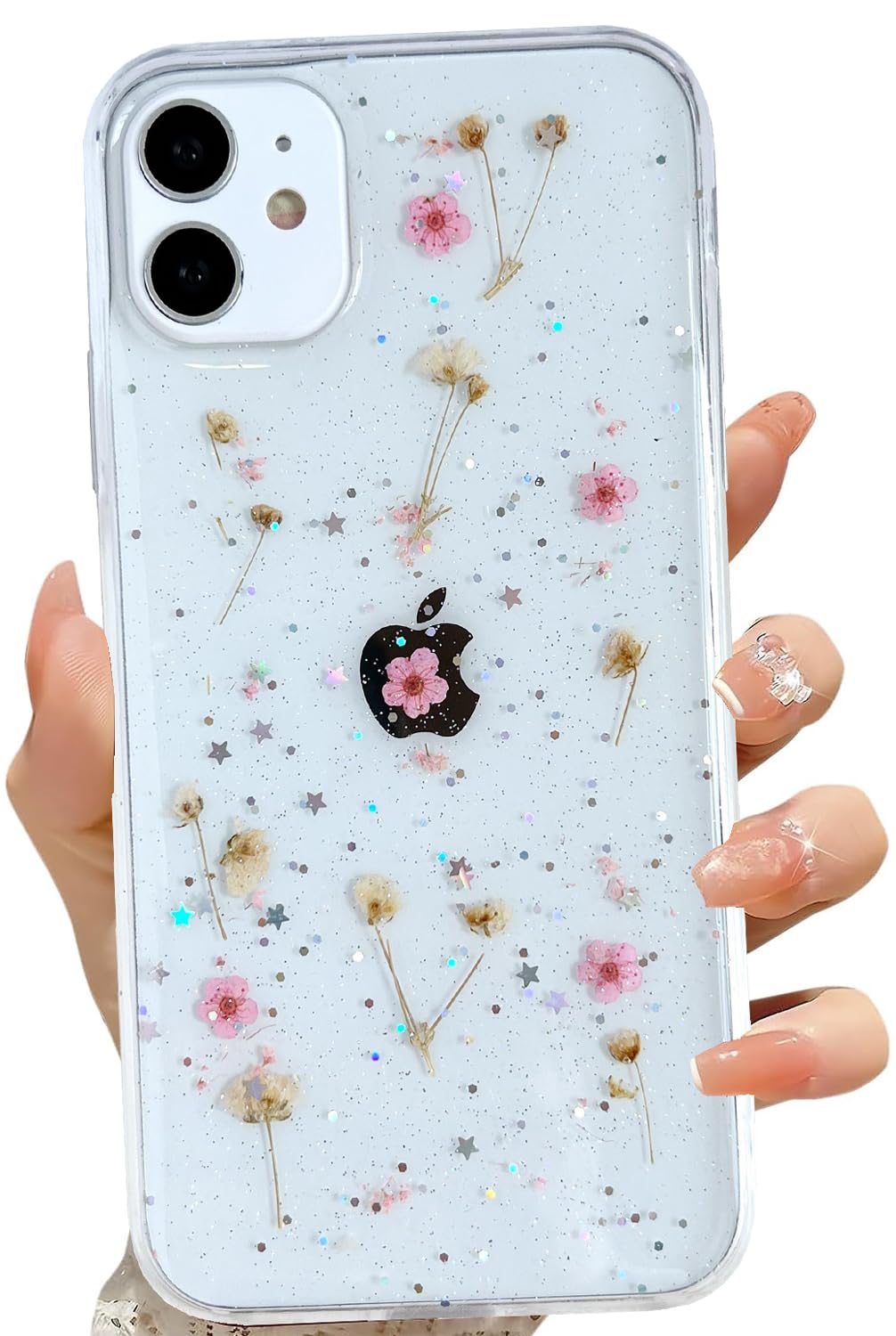 Lseeka For Iphone 11 Clear Case With Pressed Real Flowers Design,Glitter Cute Pink Floral Pattern Slim Soft Tpu Protective Women