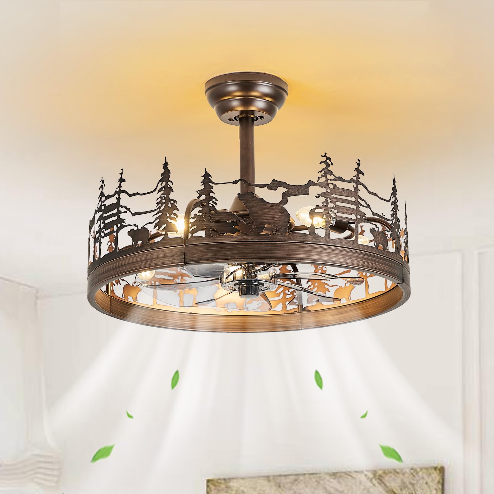 Monikessy Farmhouse Rustic Ceiling Fan with Light and Remote, 21.7 Flush Mount Enclosed Rust Color Chandelier Fan with Forest an