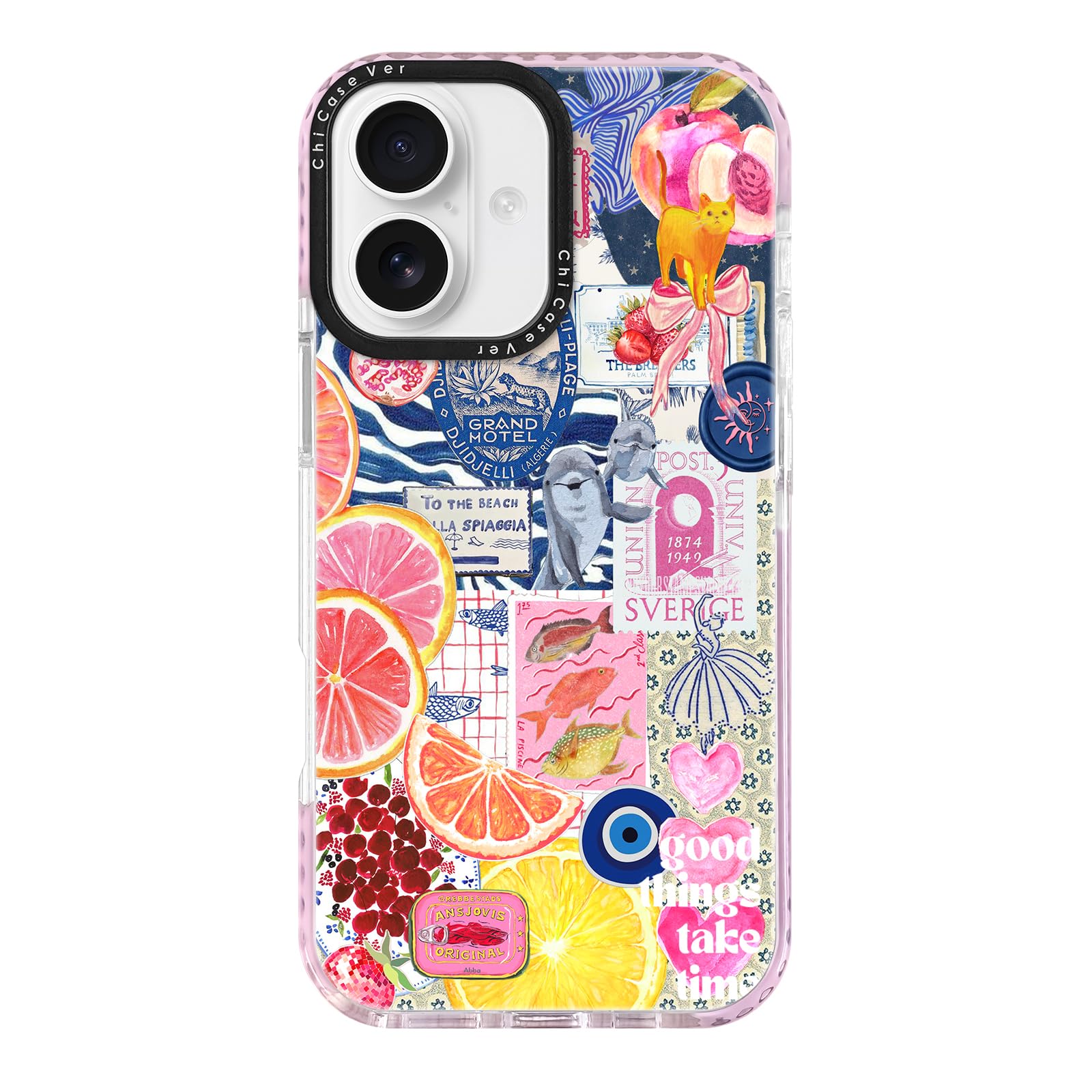 ChiCaseVer for iPhone 17 Case, Vibrant Tropical Coastal Citrus Travel Collage Design, Y2K TPU Compatible with MagSafe & Military