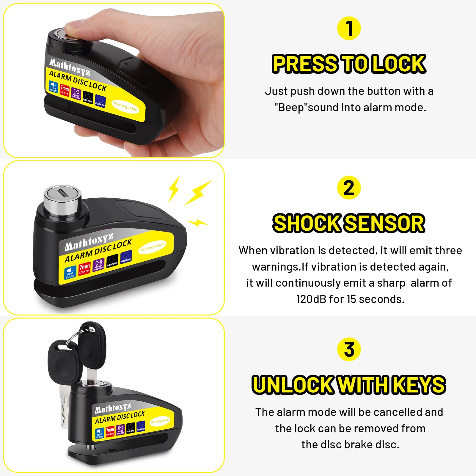 Motorcycle Lock Rechargeable, 120Db Alarm Disc Brake Locks Anti Theft Security Wheel Disc Lock Waterproof With 5Ft Reminder Cabl