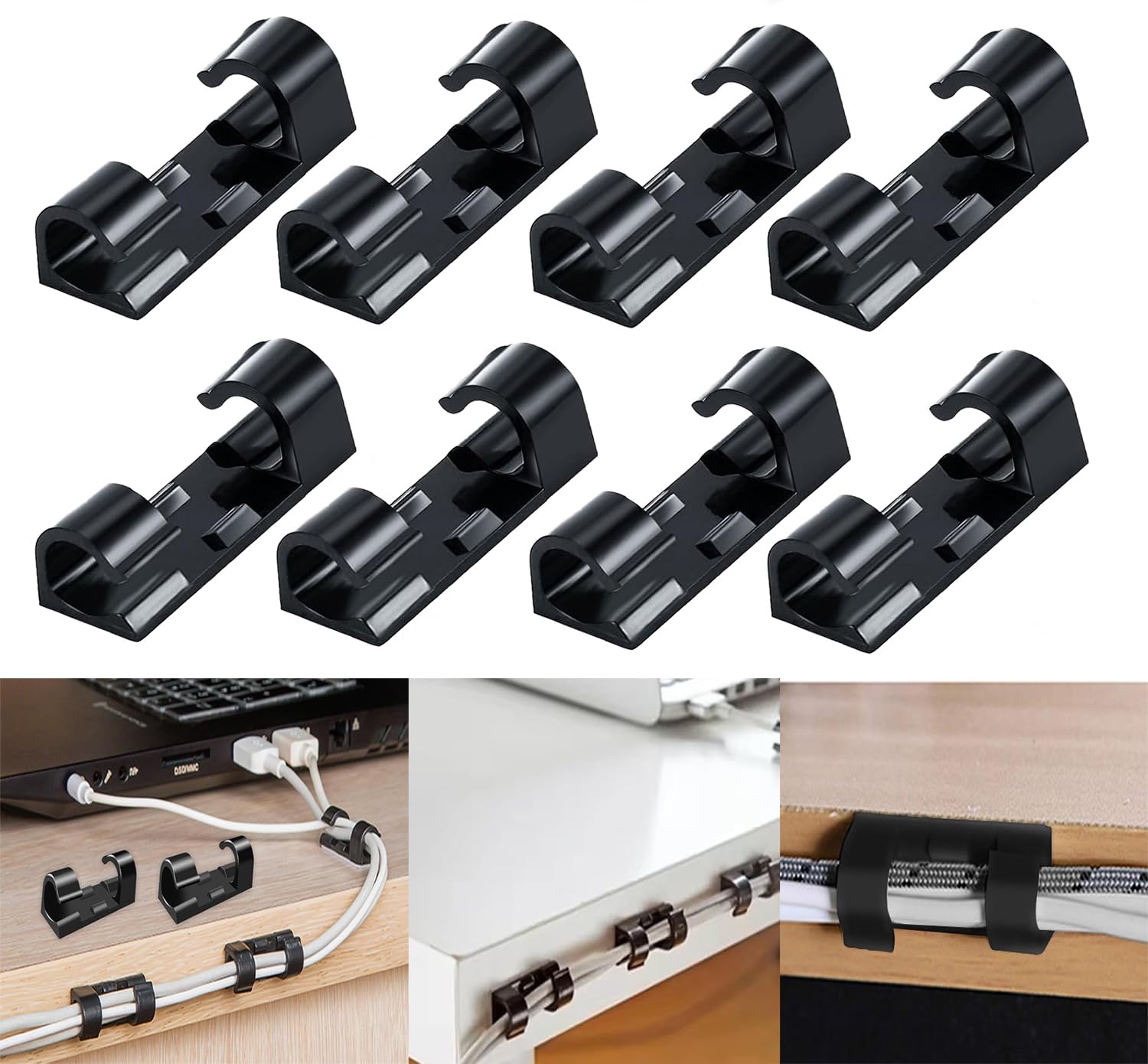 Inovera (Label) 10 Pieces Wire Organizer Cable Management Clip Desktop Cord Hook With 3M Adhesive Foam (Black)