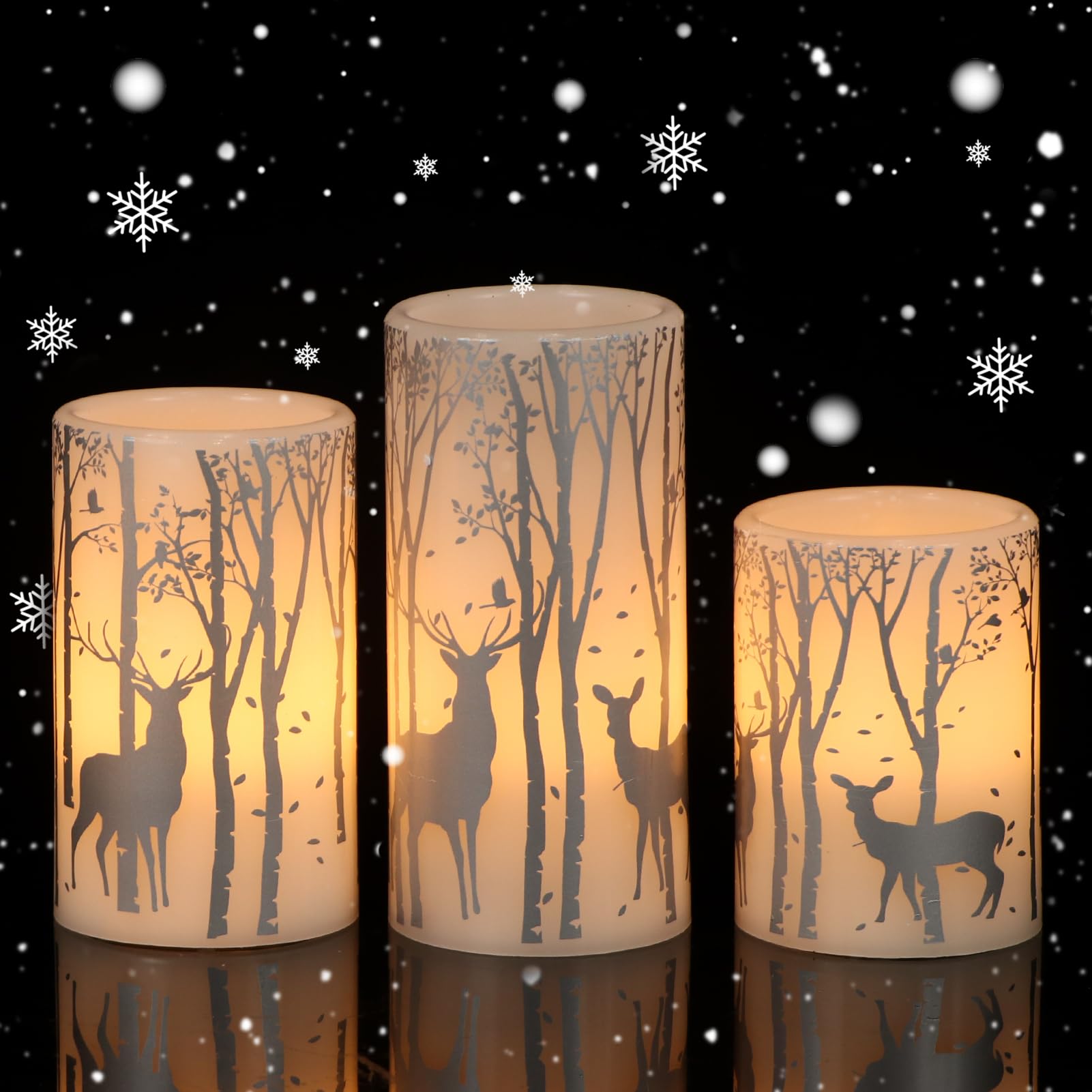 Eldnacele Christmas Flickering Flameless Candles with 6 Hour Timer, Silver Deer Decal Battery Operated Real Wax LED Pillar Candl