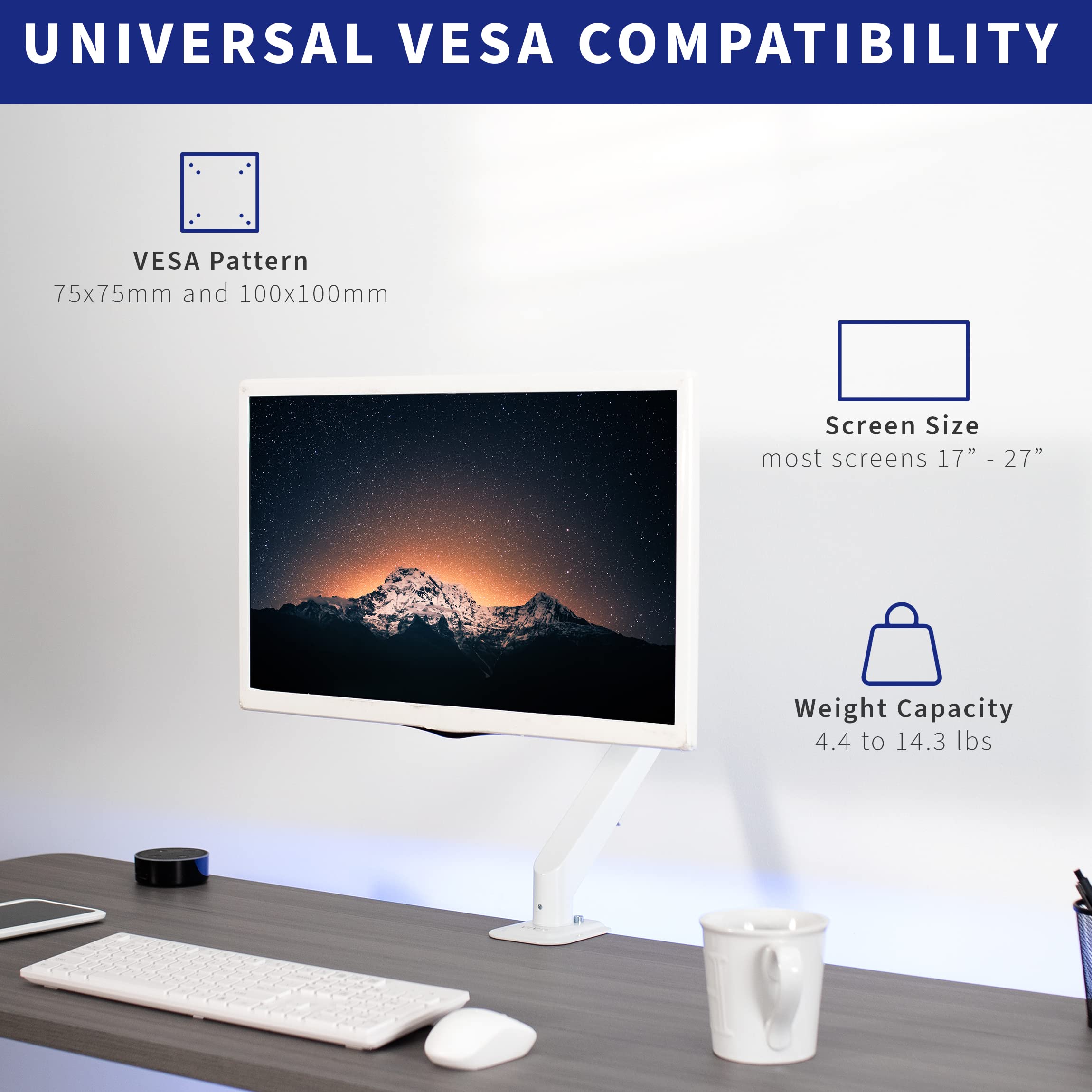 VIVO Articulating Single 17 to 27 inch Pneumatic Spring Arm Clamp on Desk Mount Stand | Fits 1 Monitor Screen with Max VESA 100x100, White (STAND V101OW)