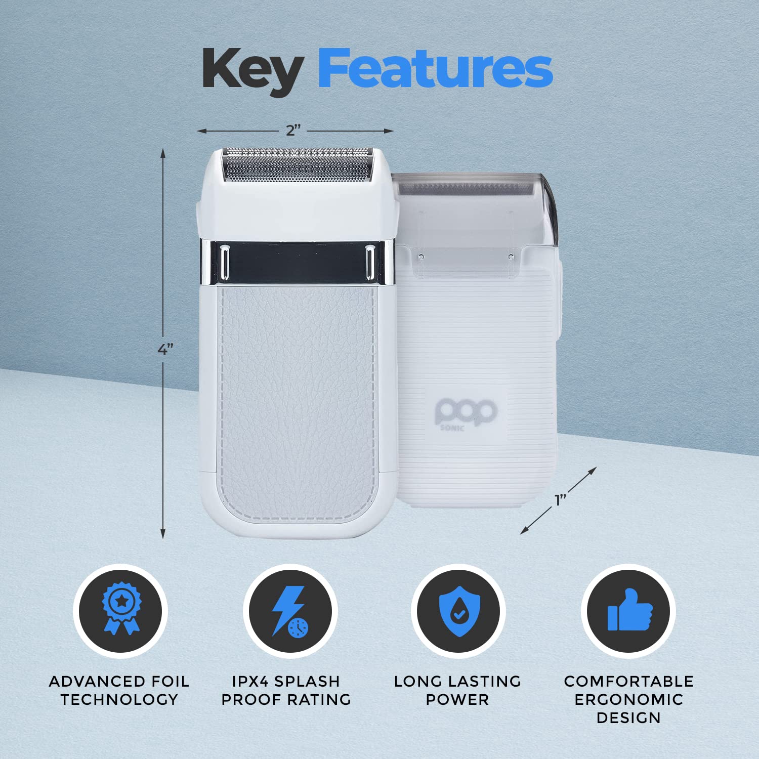 Pop Sonic Zip Compact Shaver For Men   Advanced Foil Technology Men'S Electric Shavers   White/Grey Splash Proof Face Shaver   W