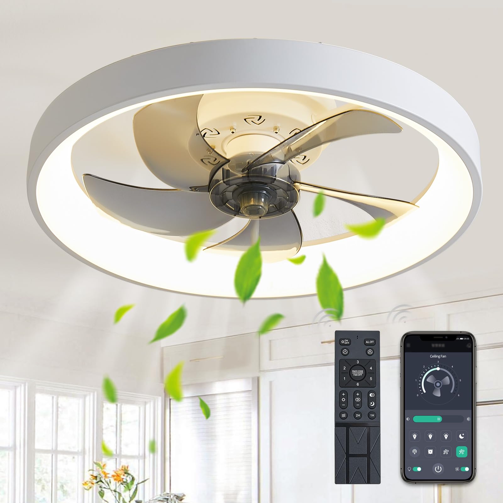 19.7'' Ceiling Fans With Lights And Remote, Low Profile Ceiling Fan Flush Mount Ceiling Fans With Lights, 3000K 6000K Bladeless