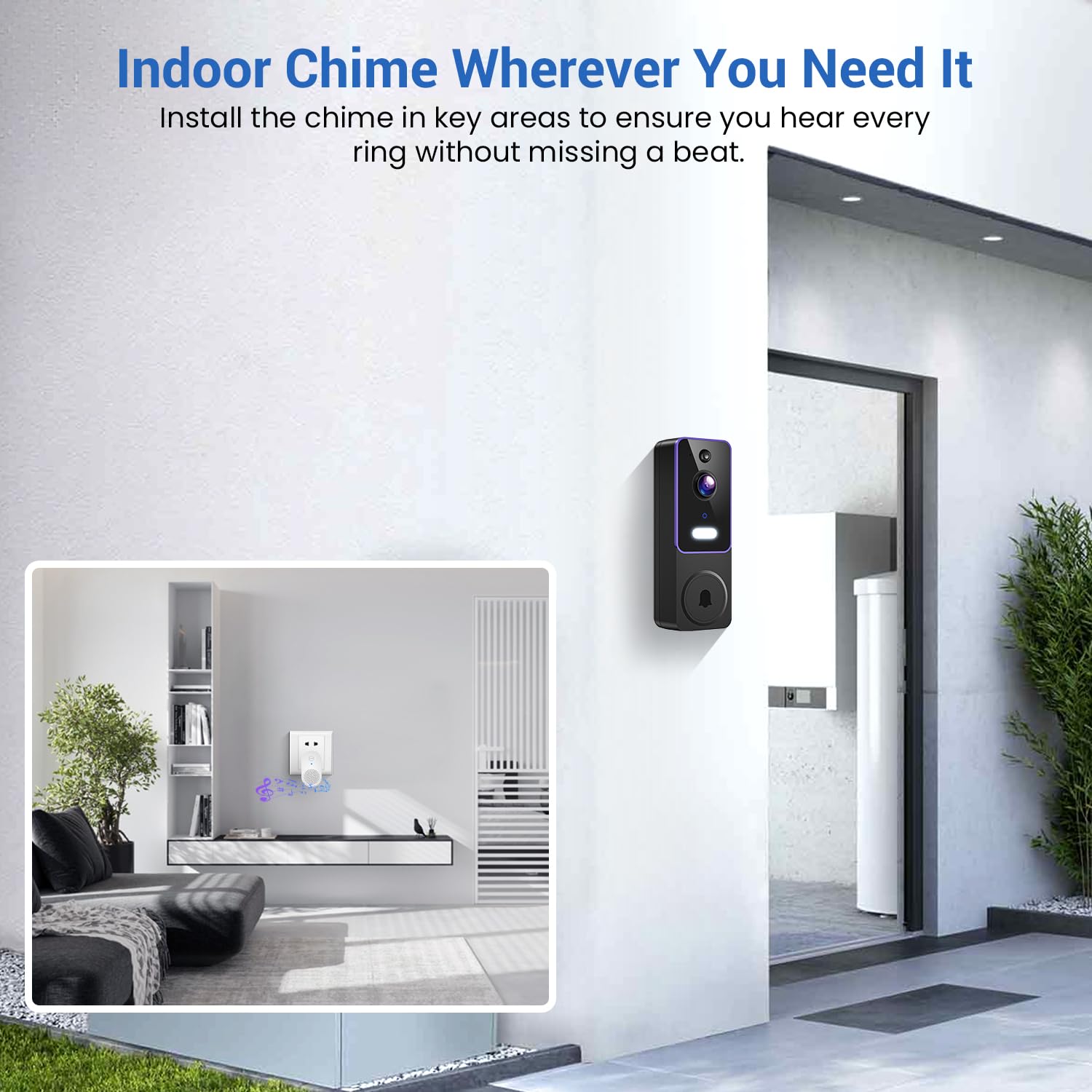 Clipblur 1080P Wireless Video Doorbell Camera With Chime, Color Night Vision, 2 Way Talk, Ai Human Detection And Instant Alerts,