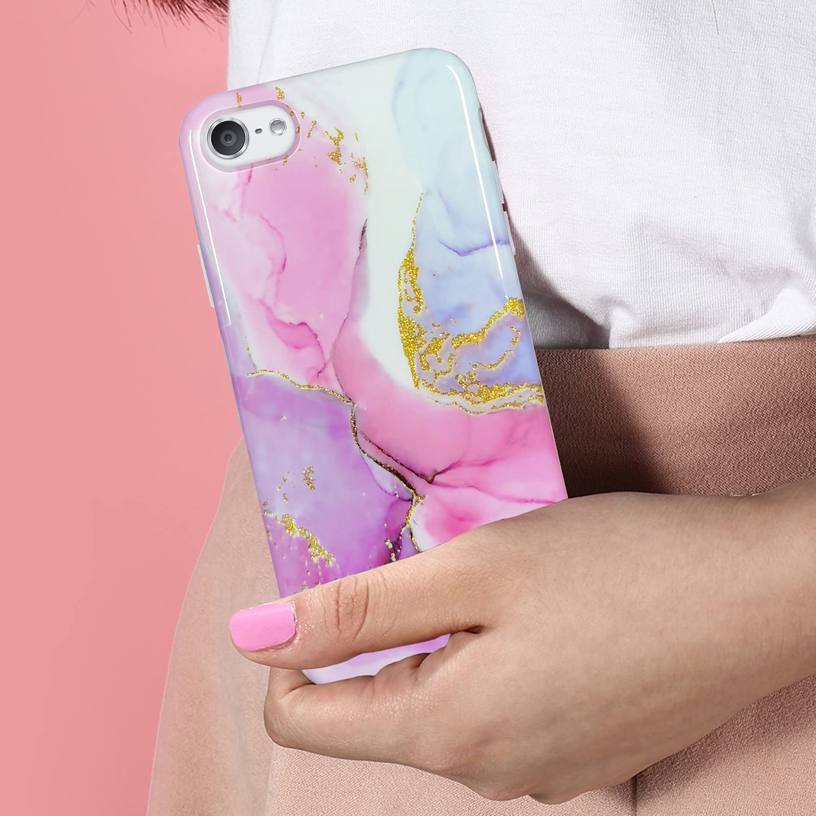 Ipod Touch 7Th Generation Case, J.West Ipod Touch 6 Ipod 5 Case, Sparkle Gold Glitter Pink Marble Design Slim Fit Anti Scratch F