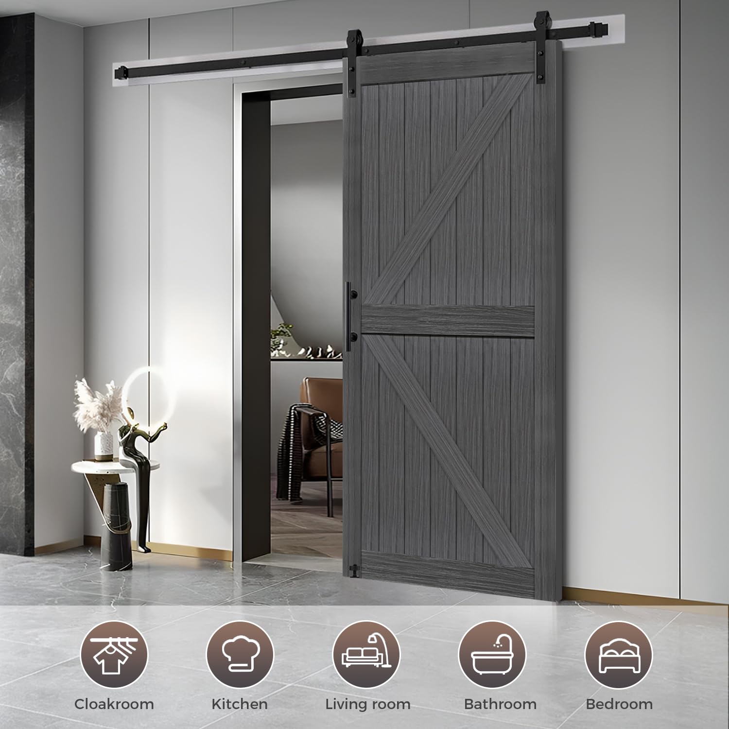 S&Z Tophand 38 In X 84 In Deep Gray British Brace Knotty Barn Door With 6.6Ft Sliding Door Hardware Kit/Double  Sided Door Handl