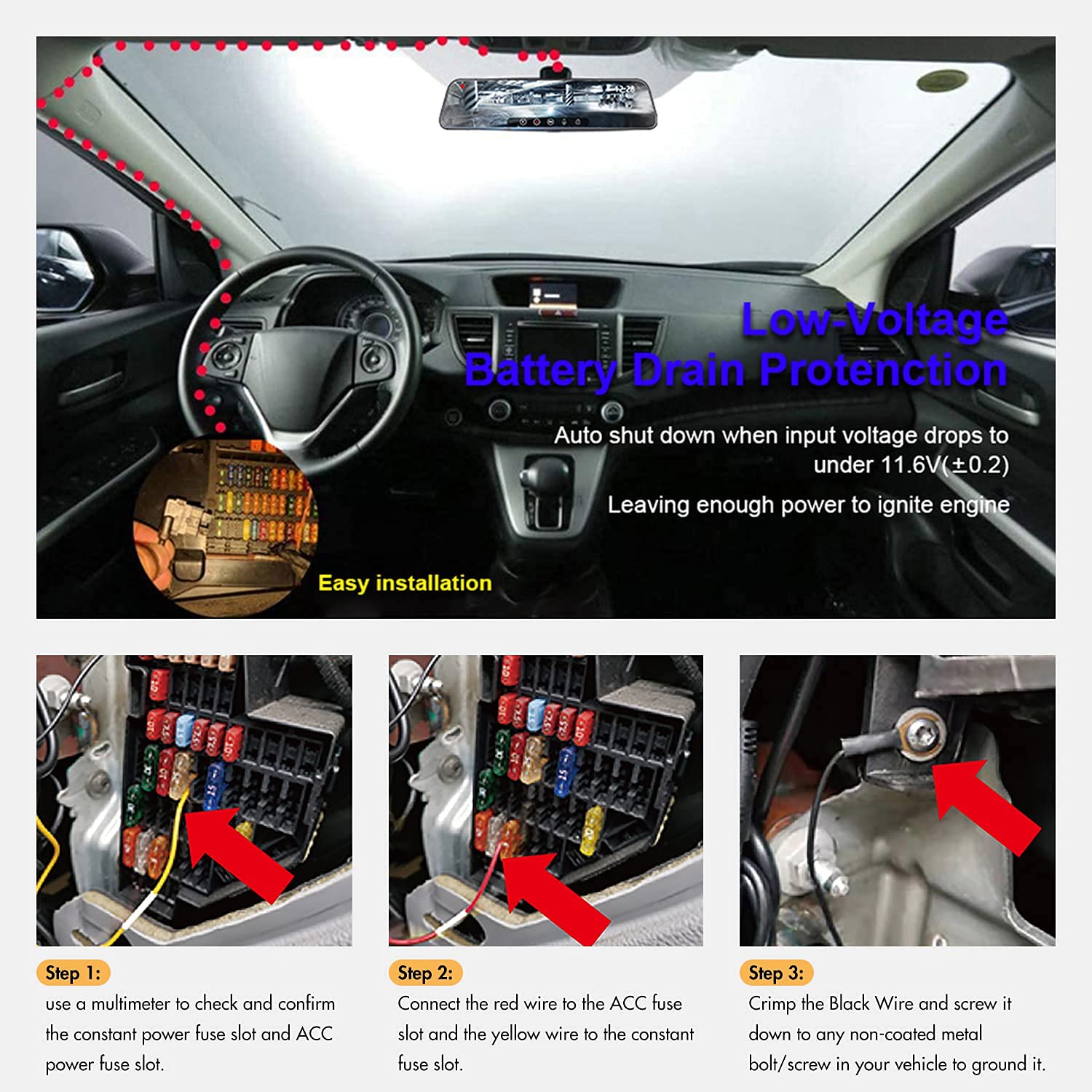 REDTIGER F7N Dash Cam Hardwire Kit USB C, 12V-24V to 5V Charger, Low Voltage Protection, Model RTH30GS, Double-4 F