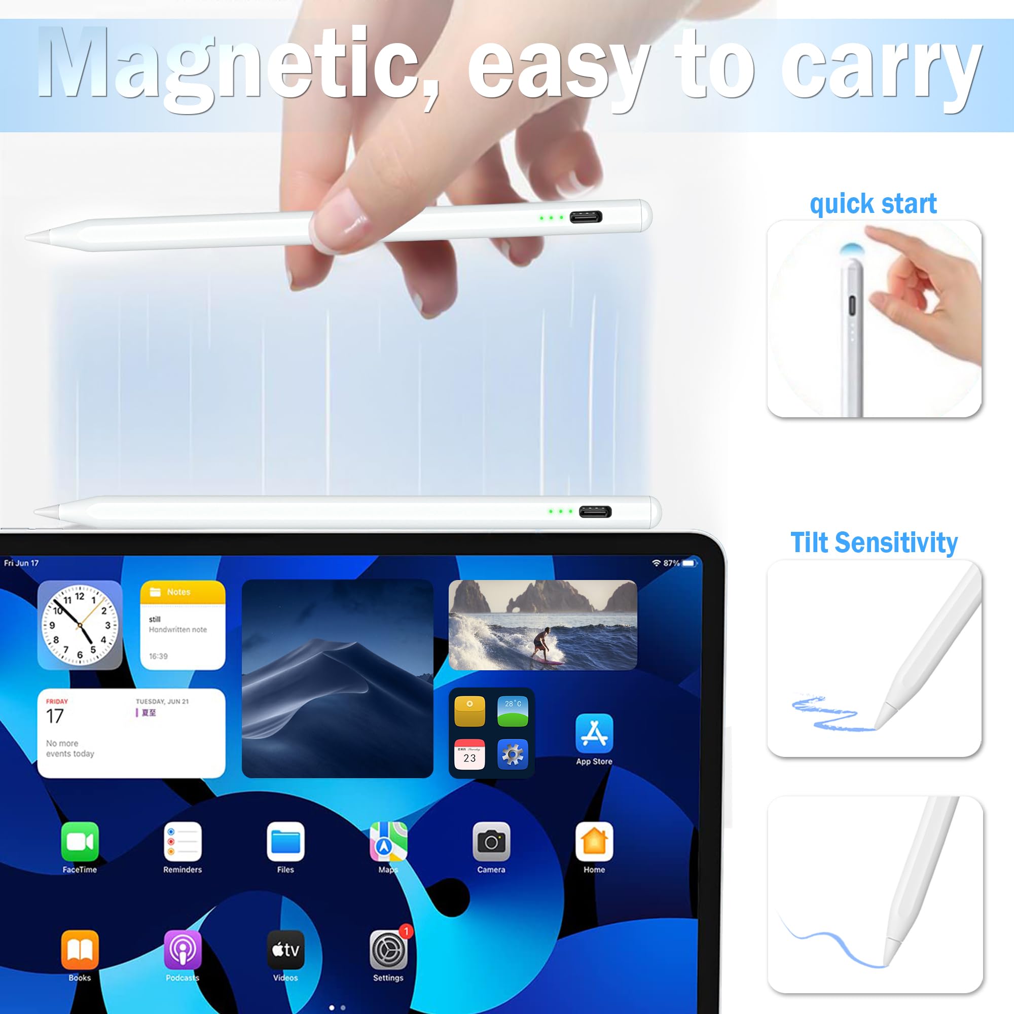 Stylus Pen For Ipad, 15 Mins Fast Charging Apple Ipad Pencil With Palm Rejection, Tilt Sensitivity, Work For 2018 23 Ipad Air 3/