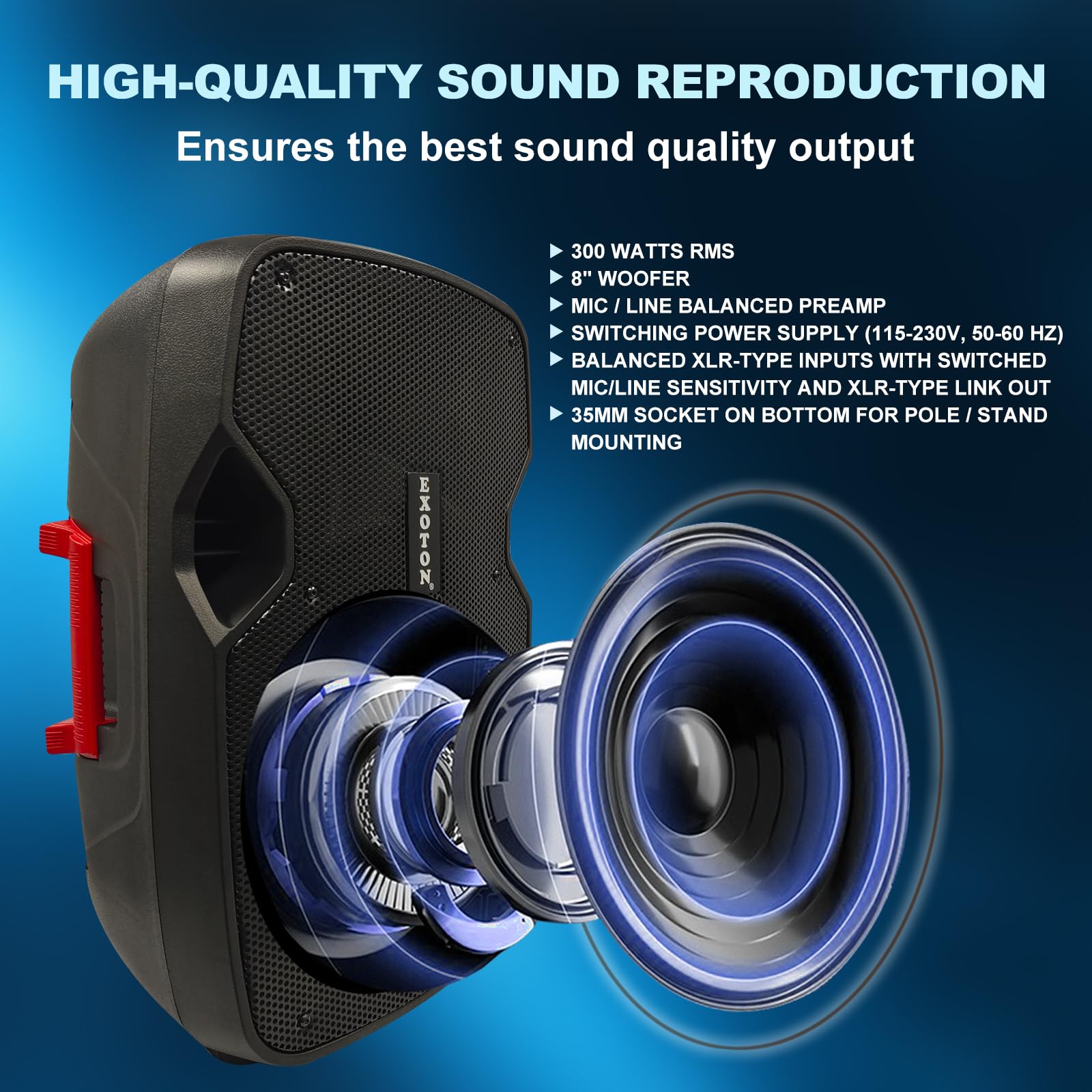 Exoton Exoton Ex-08A 8 Inch Professional Dual Powered Pa Speakers, 2-Way Active&Passive Loudspeakers, Pa System Combo Set With M