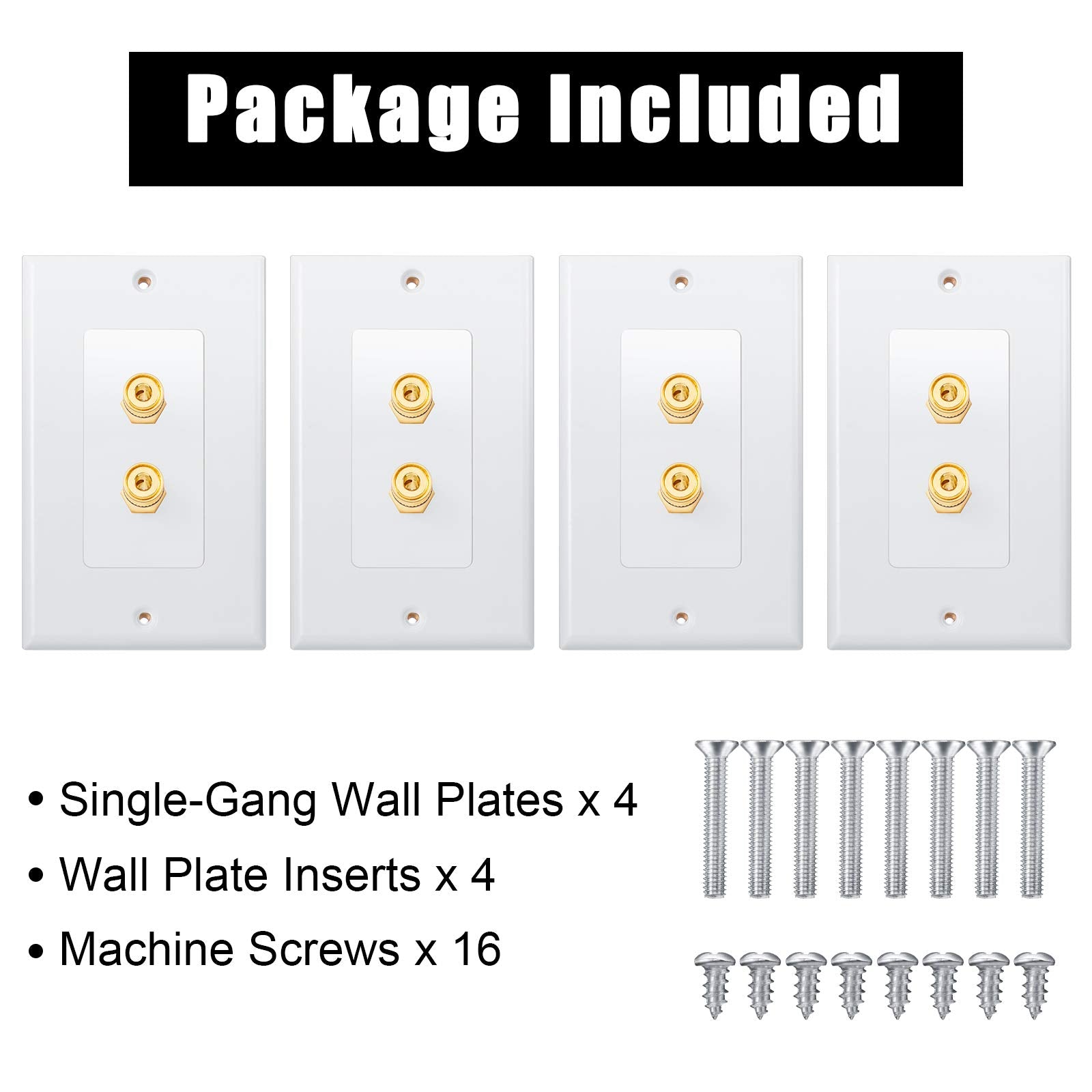 4 Pack Single Gang 1.0 Speaker Wire Wall Plate (Banana Plug Wall Plate) For 1 Speaker, White