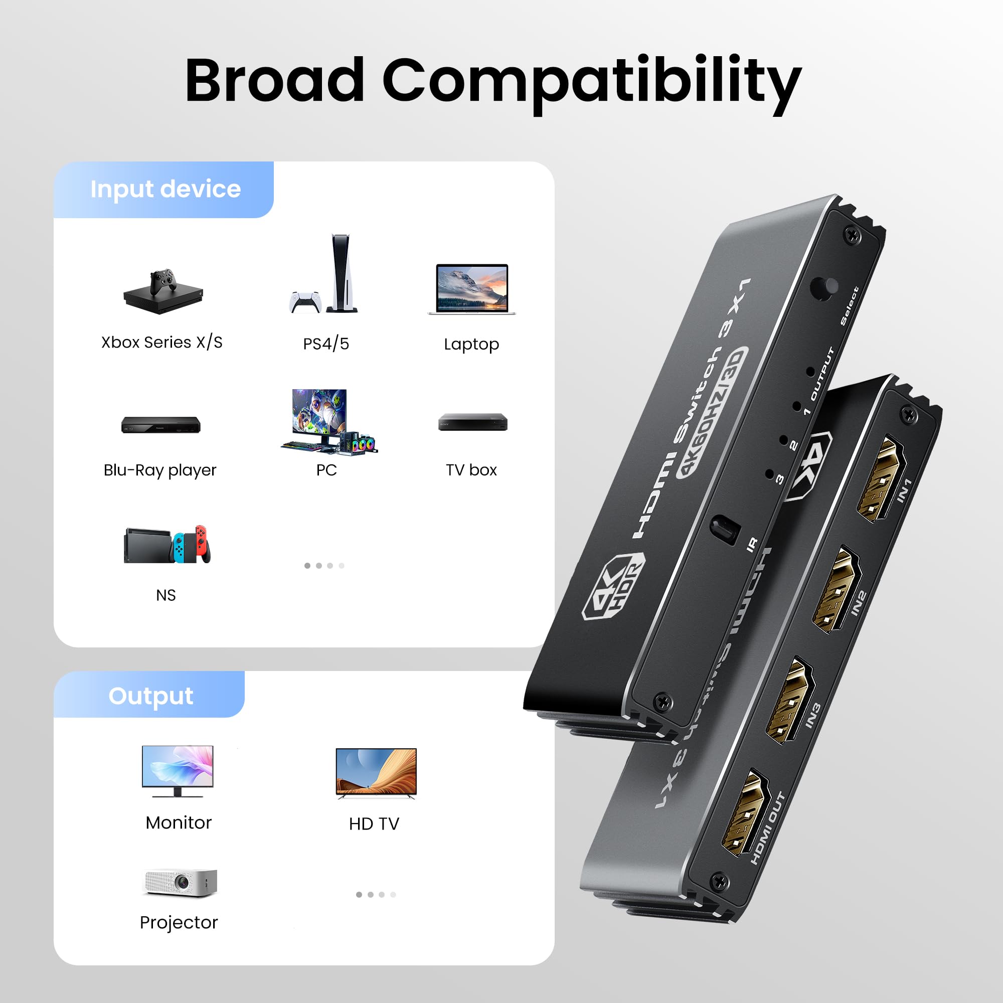 Newcare Hdmi Switch 3 In 1 Out 4K@60Hz, 3 Port Aluminum Hdmi Switch Box Support Auto Switching, Vrr Allm Hdr 3D Audio, Hdmi Splitter With Remote For Ps5/4, Xbox, Pc, Streaming Device