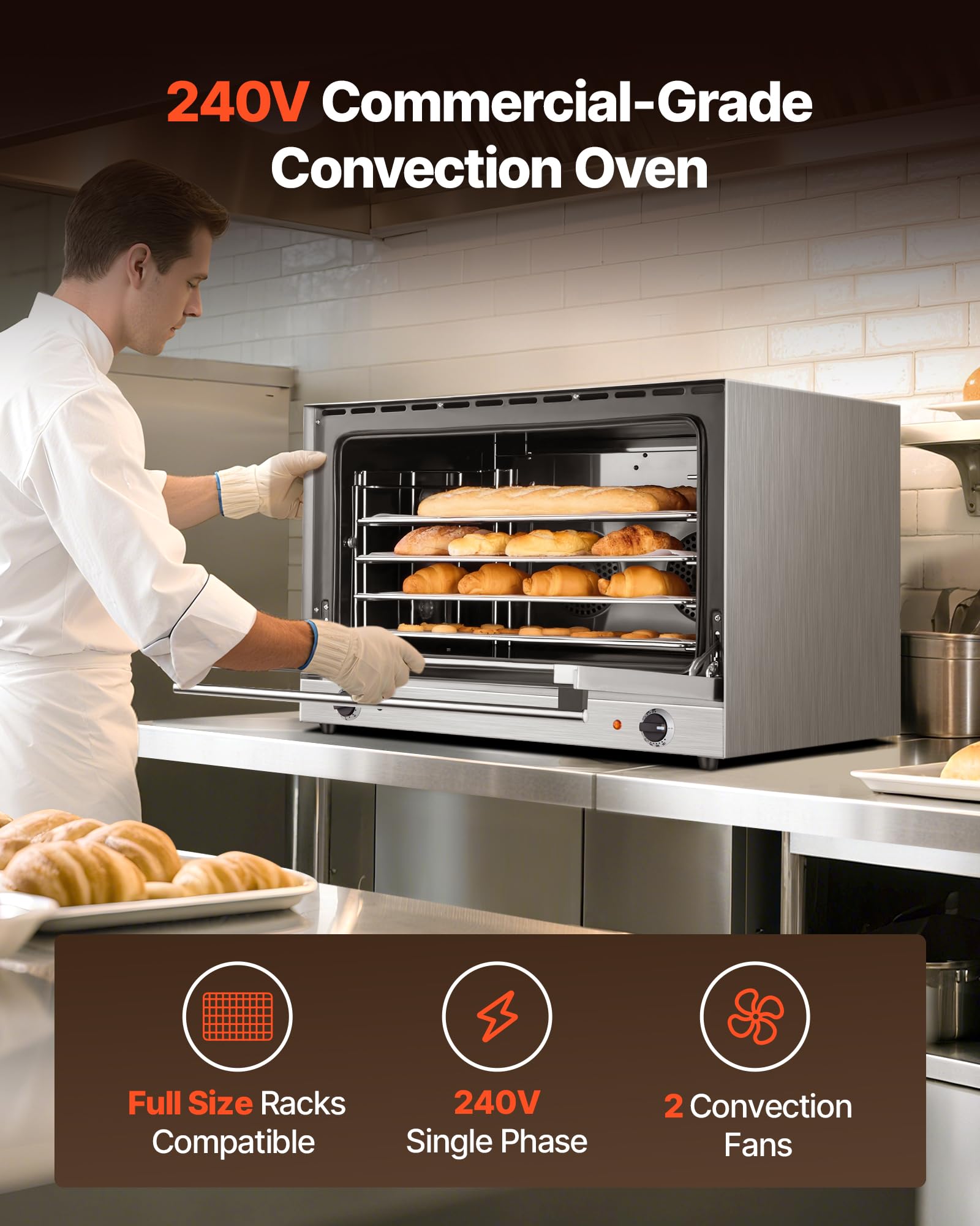 Vevor Commercial Convection Oven, 4.24 Cu.Ft Conventional Countertop Oven For Full-Size Pans, Electric Convection Ovens With 4 R