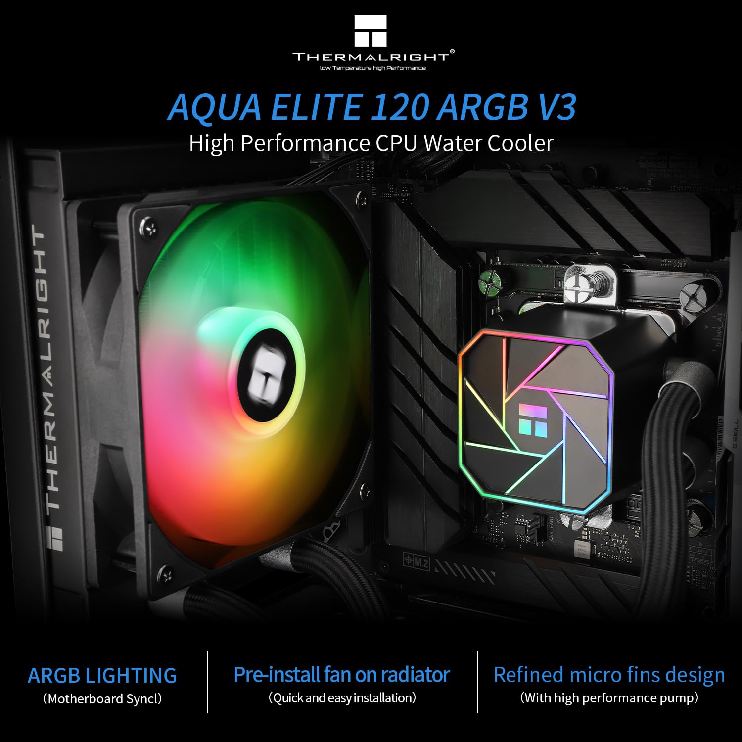 Thermalright Aqua Elite 120 V3 Liquid Cpu Cooler,Pwm Argb Fan With S Fdb Bearings,Efficient Pwm Controlled Pump,For Amd/Am4/Am5,