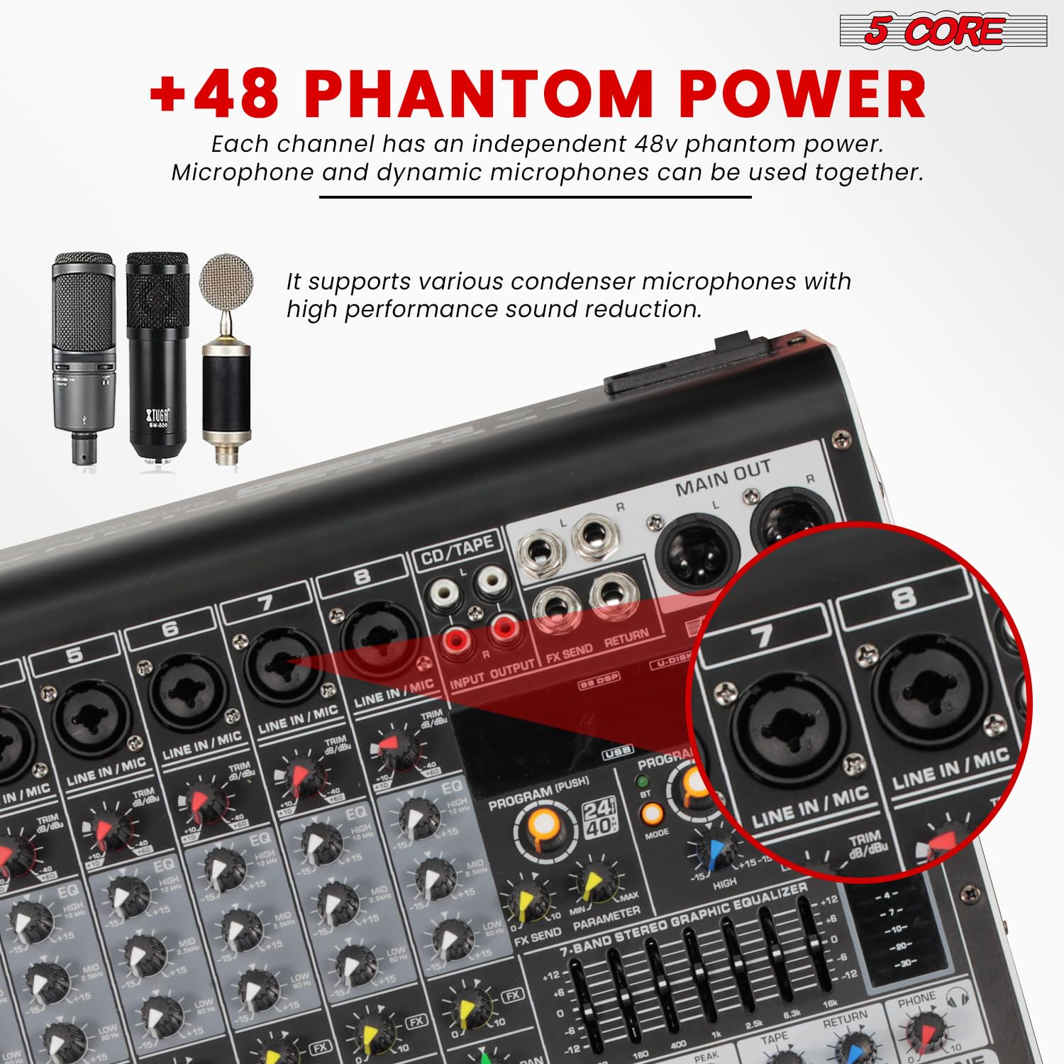 5 Core Audio Mixer 8 Channel Dj Mixing Board Professional Bluetooth Usb Analog Mezclador De Audio Phantom Power Rackmount Consol