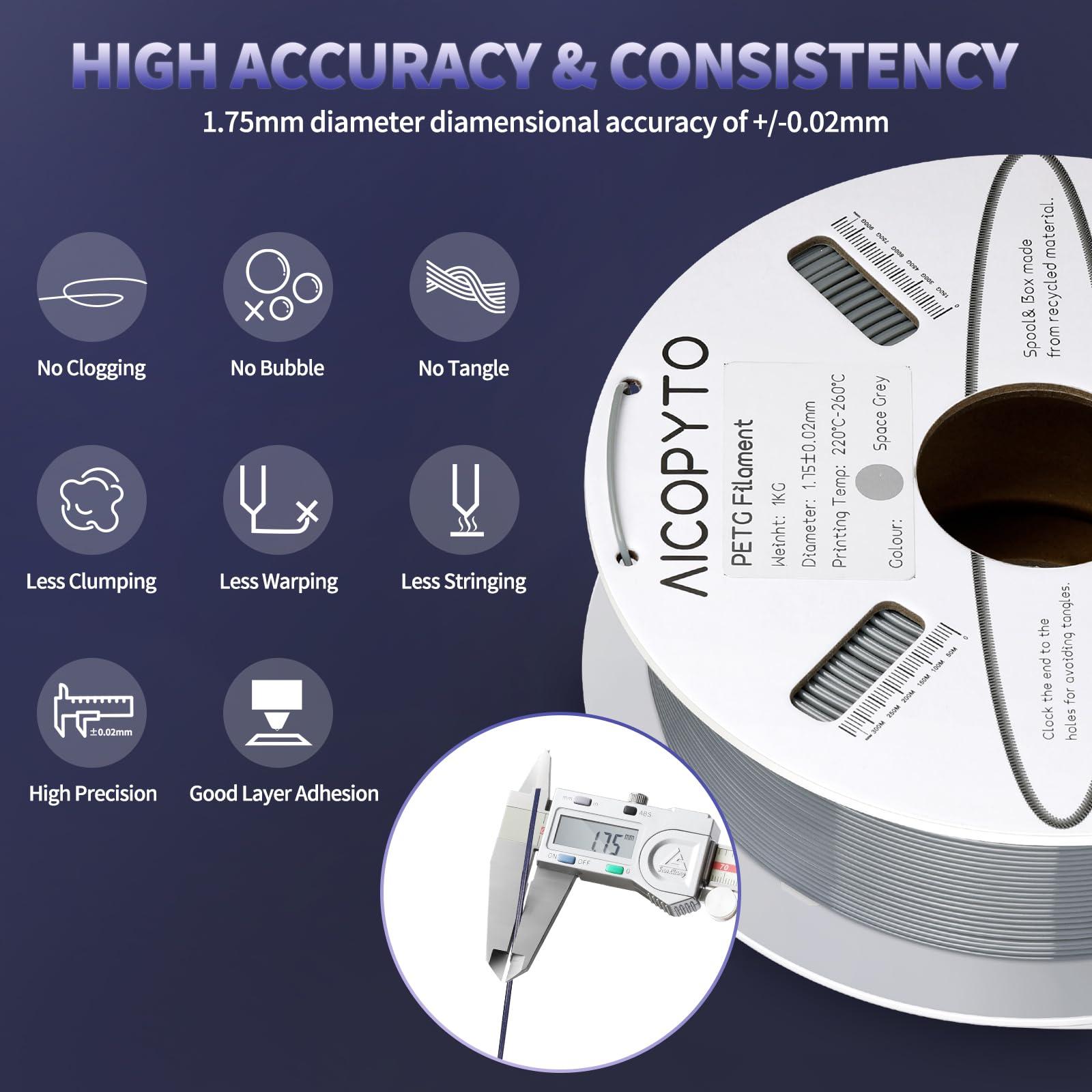 Aicopyto Grey Petg Filament 1.75Mm, 3D Printer Petg Filament 1Kg Spool (2.2Lbs) Dimensional Accuracy +/- 0.02Mm, Filament Fit Mo
