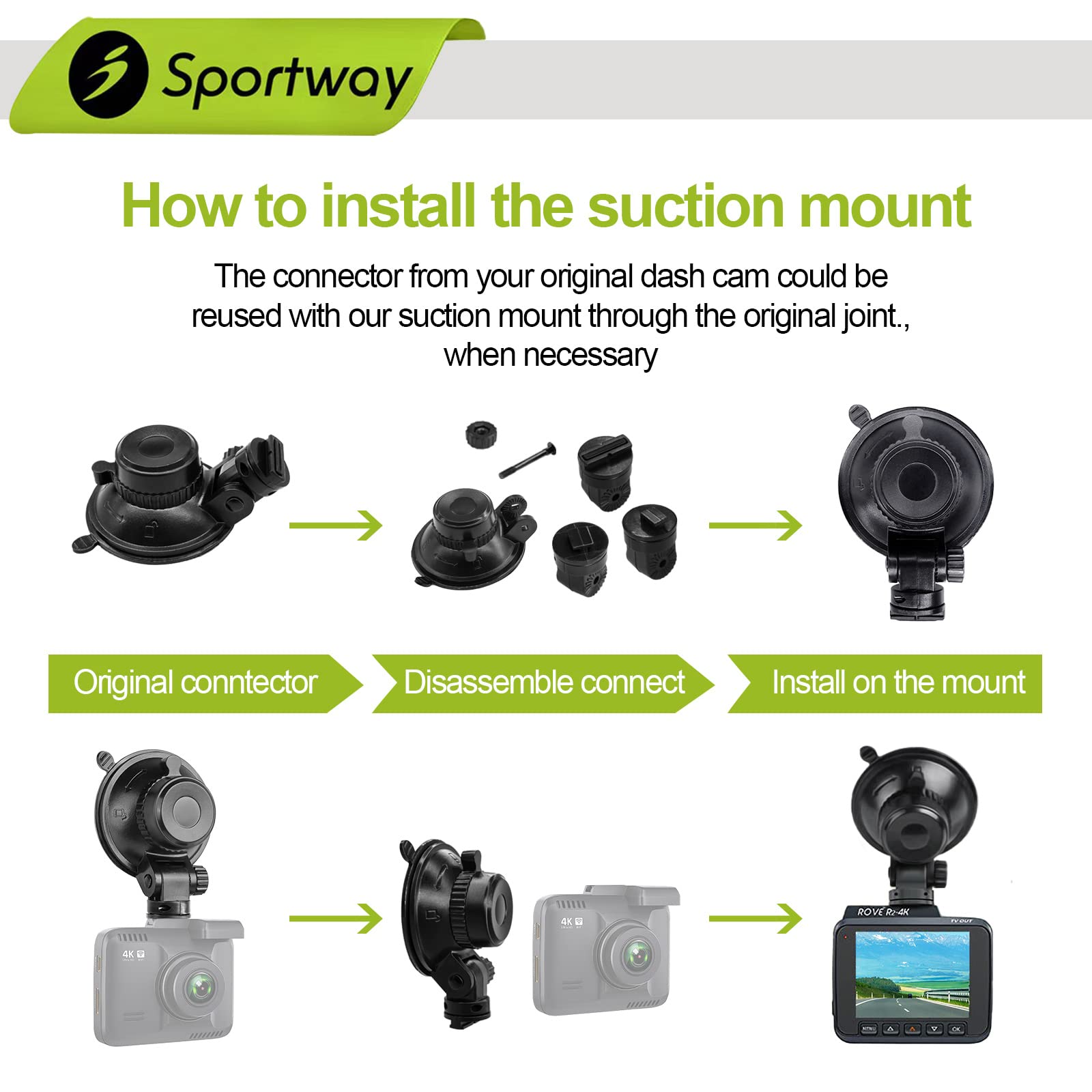 Sportway S503 Suction Cup Dash Cam Mount Holder (5Th Gen) With 3Pcs 360 Rotating Joints For Rove Nexar Z Edge Kingslim Iiwey Niu