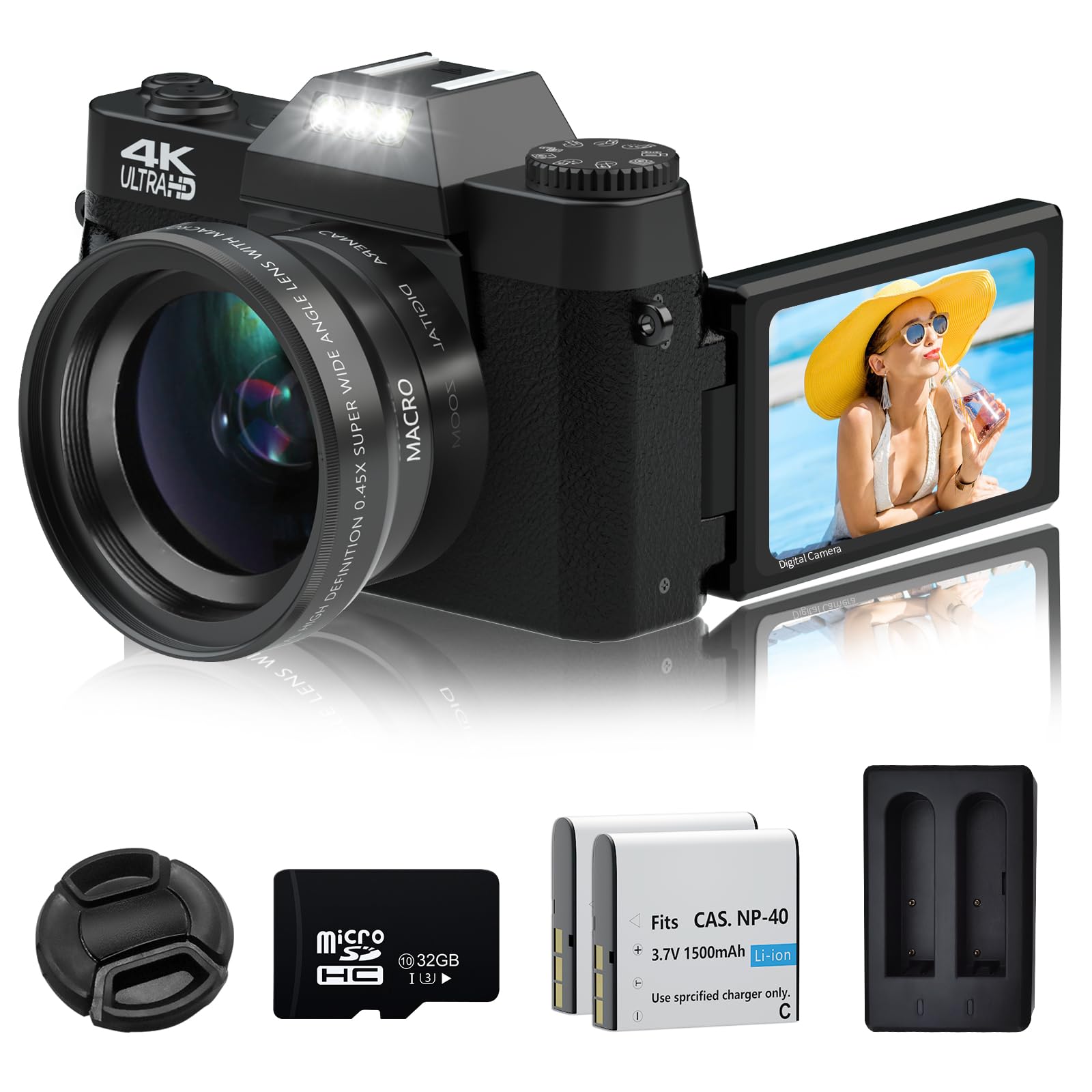 Digital Camera, 4K Vlogging Camera For Youtube 56Mp 16X Digital Zoom Manual Focus Students Compact Photography Camera With 52Mm Wide Angle & Macro Lens, 32G Tf Card And 2 Batteries(Black)