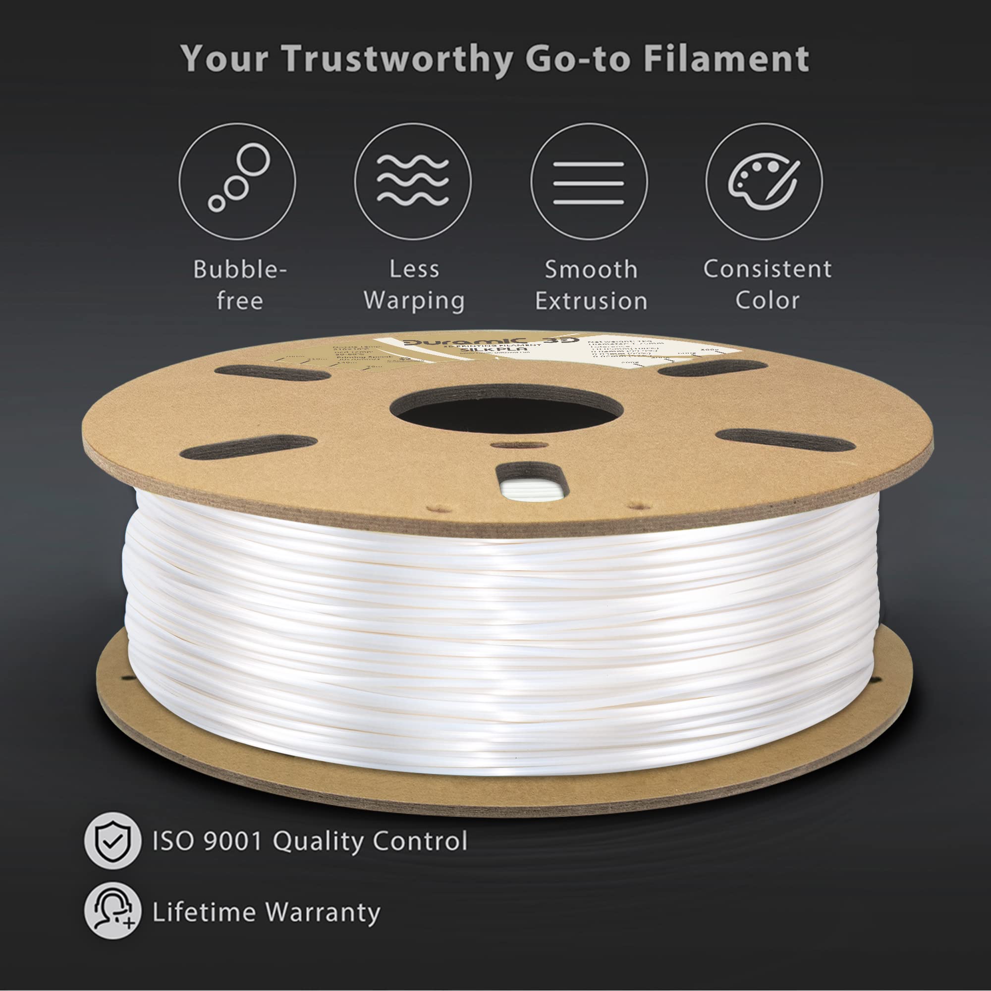 Duramic 3D Shiny Silk Pla Filament 1.75Mm Shiny Metallic Pla Filament Dimensional Accuracy +/- 0.05 Mm White
