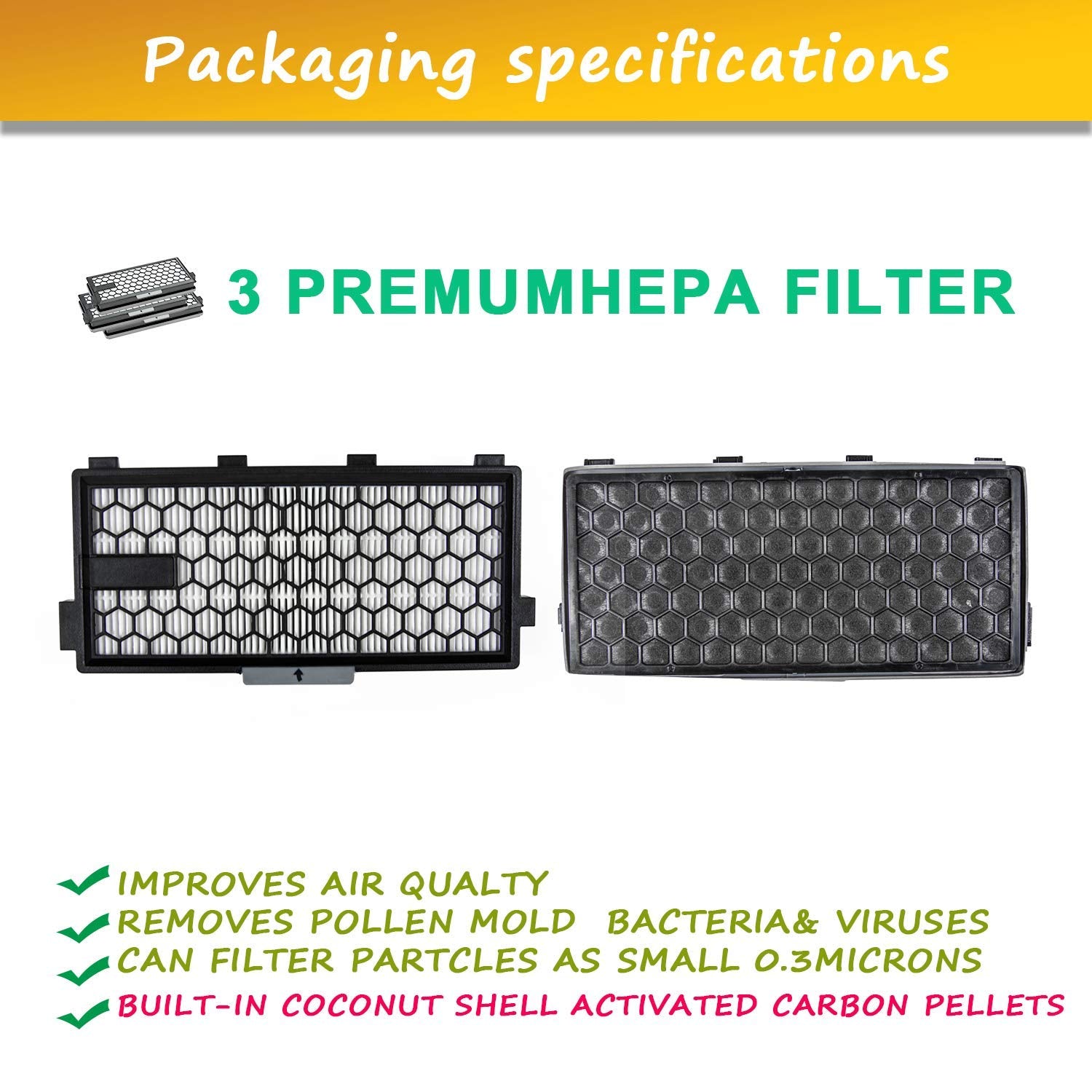 3 Pack Active Airclean Sf Aa 50,Sf Ha 50 Replacement Filter Compatible With Miele S4, S5, S6, S8, S8000, S8999, S6000, S6999, S5