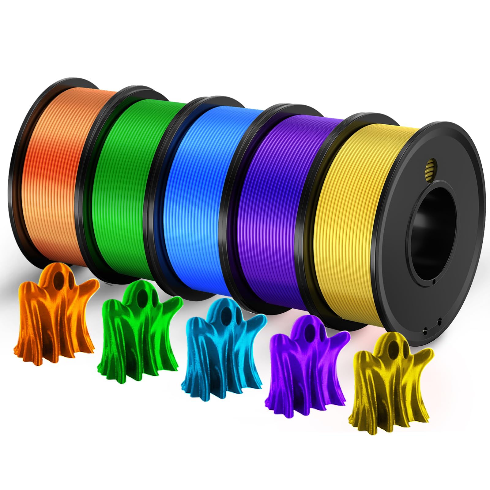 3D PLA 1.75mm Filament - 5 Colors Orange/Green/Blue/Yellow/Purple Printing Filament 1.75mm Dimensional Accuracy 0.02mm Filled Fi