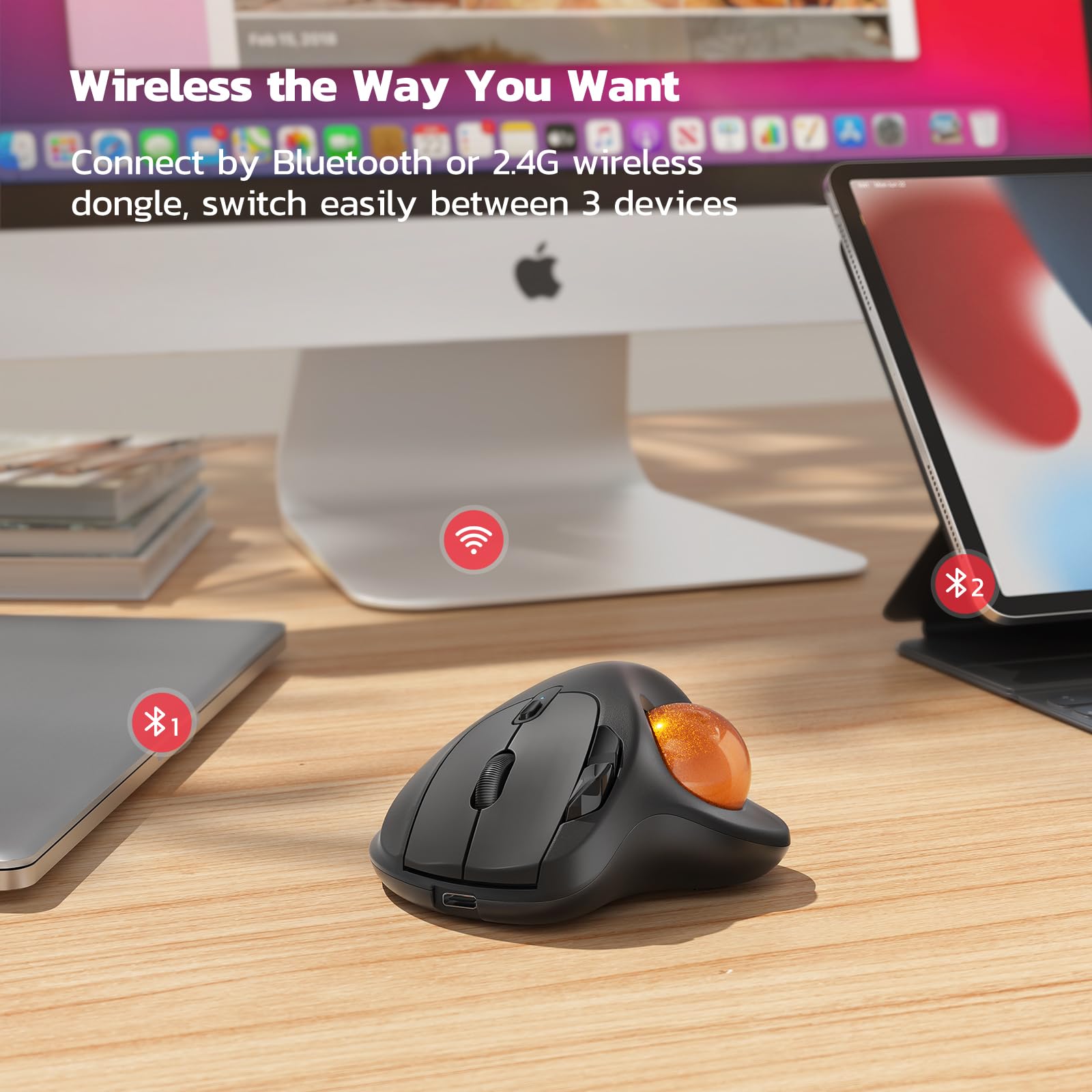 Nulea M501 Wireless Trackball Mouse, Rechargeable Ergonomic, Easy Thumb Control, Precise & Smooth Tracking, 3 Device Connection
