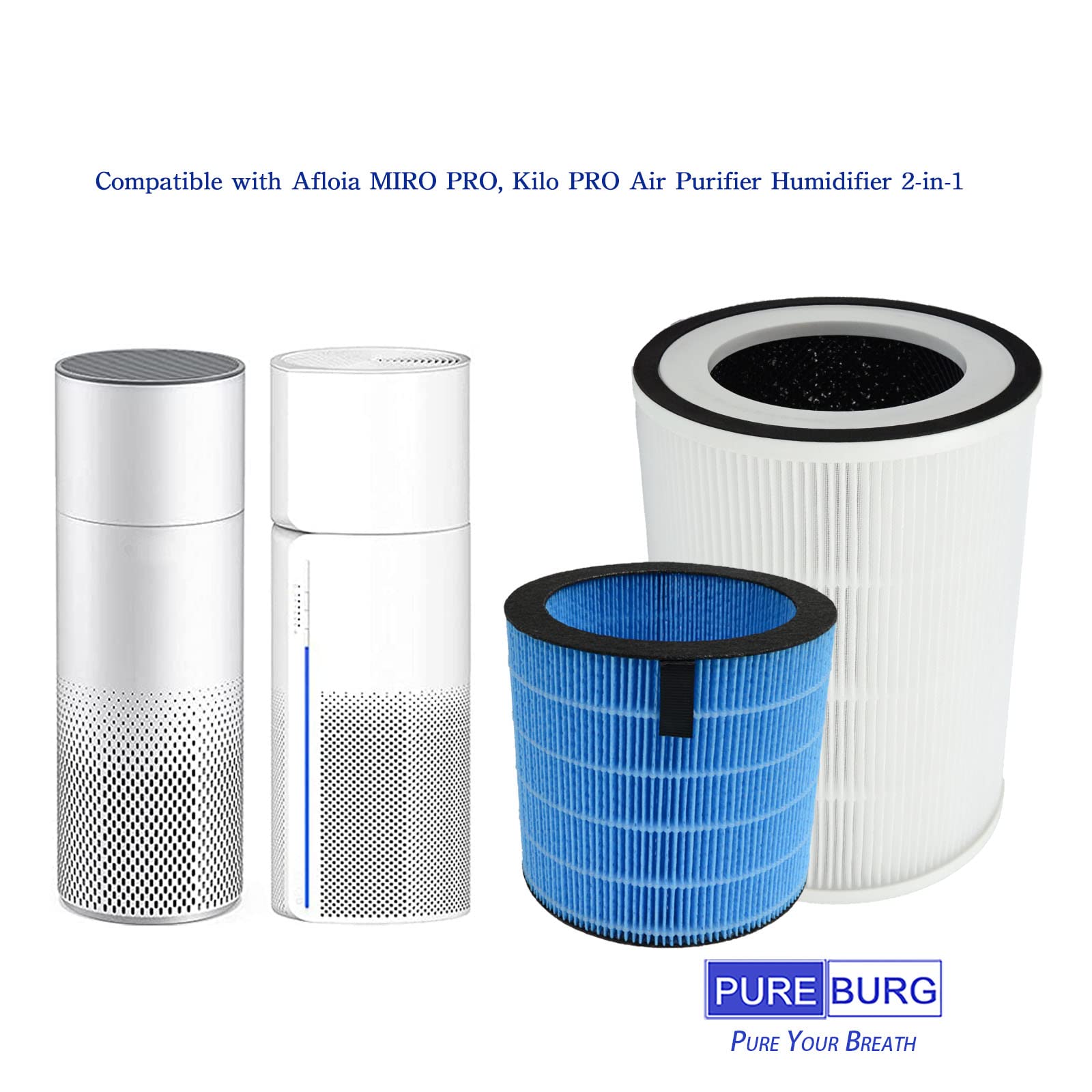 Pureburg Replacement Filter Set Compatible With Afloia Miro Pro, Kilo Pro Air Purifier Humidifier 2 In 1,H13 4 Stage Filtration
