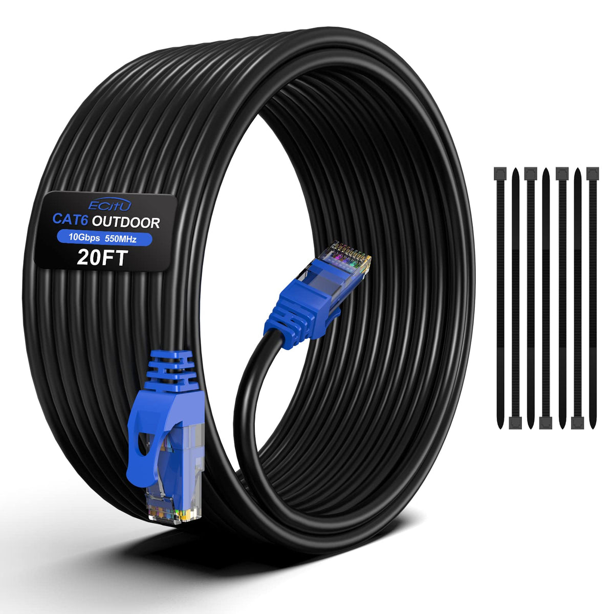20Ft Cat6 Outdoor Ethernet Cable, In Ground, Heavy Duty Direct Burial, 24Awg Cca Patch Cord, Poe, Utp, Waterproof, Lldpe Uv Resistant, Network, Internet, Lan, Cat 6 Cable 20 Feet With 25 Cable Ties