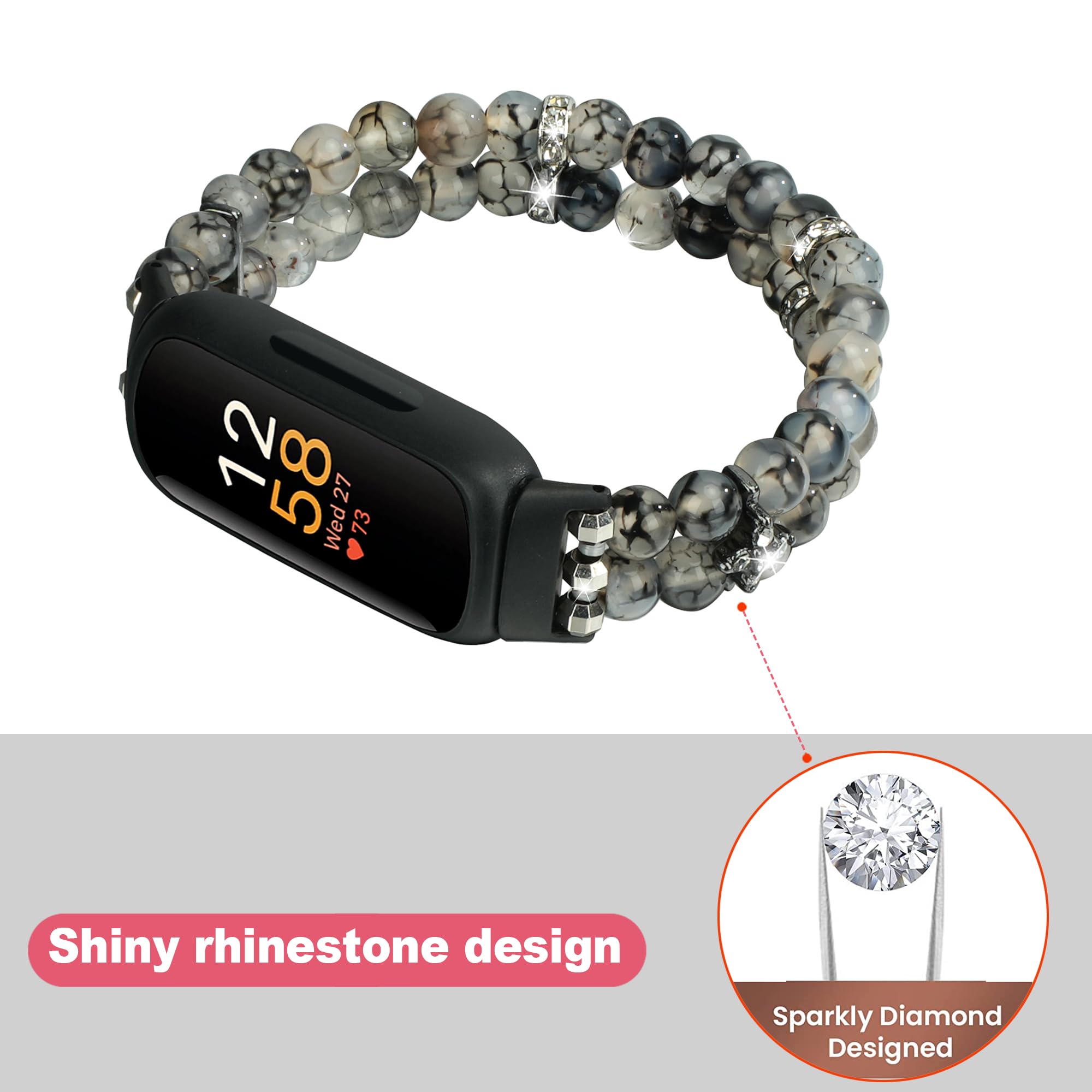 Ilvanya Beaded Bracelet Compatible For Fitbit Inspire 3 For Women,Fashion Handmade Pearl Beads Elastic Stretch Watch Band For Fi