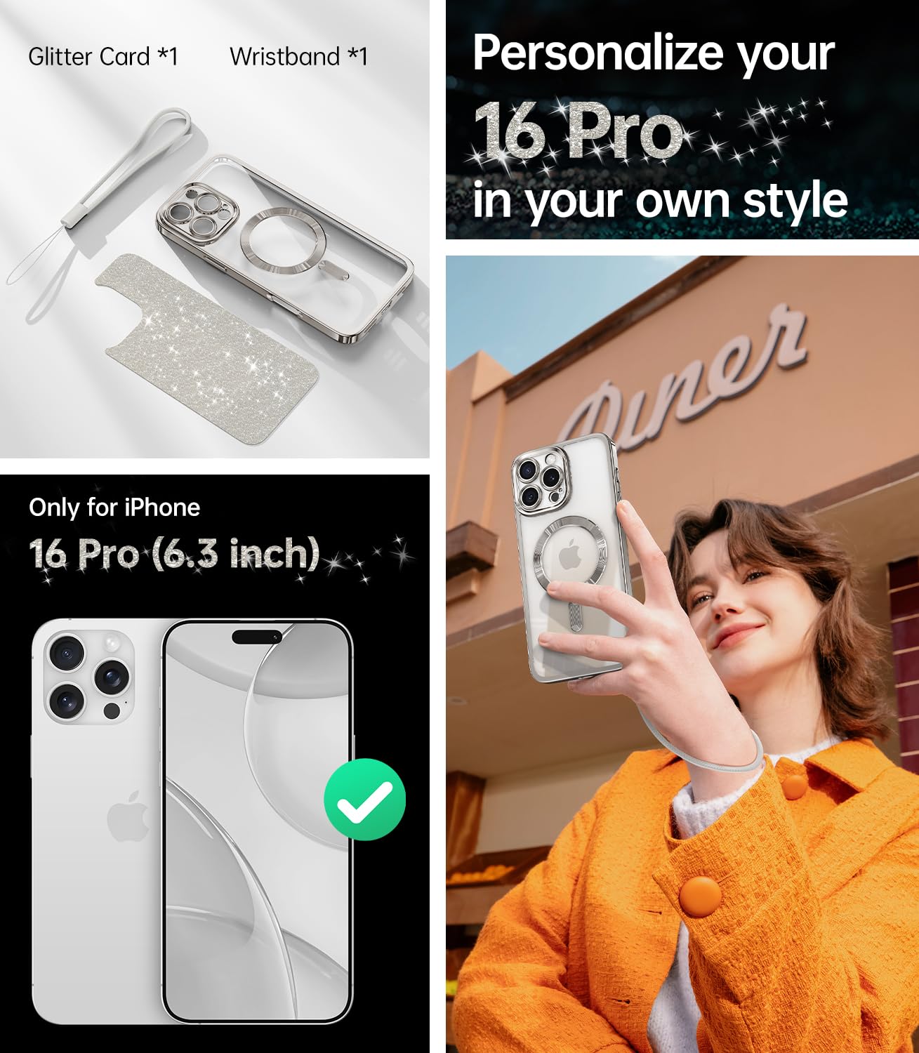 Meifigno Designed For Iphone 16 Pro Case 6.3'', [Glitter Card & Wrist Strap] [Compatible With Magsafe] Full Lens Protection Desi