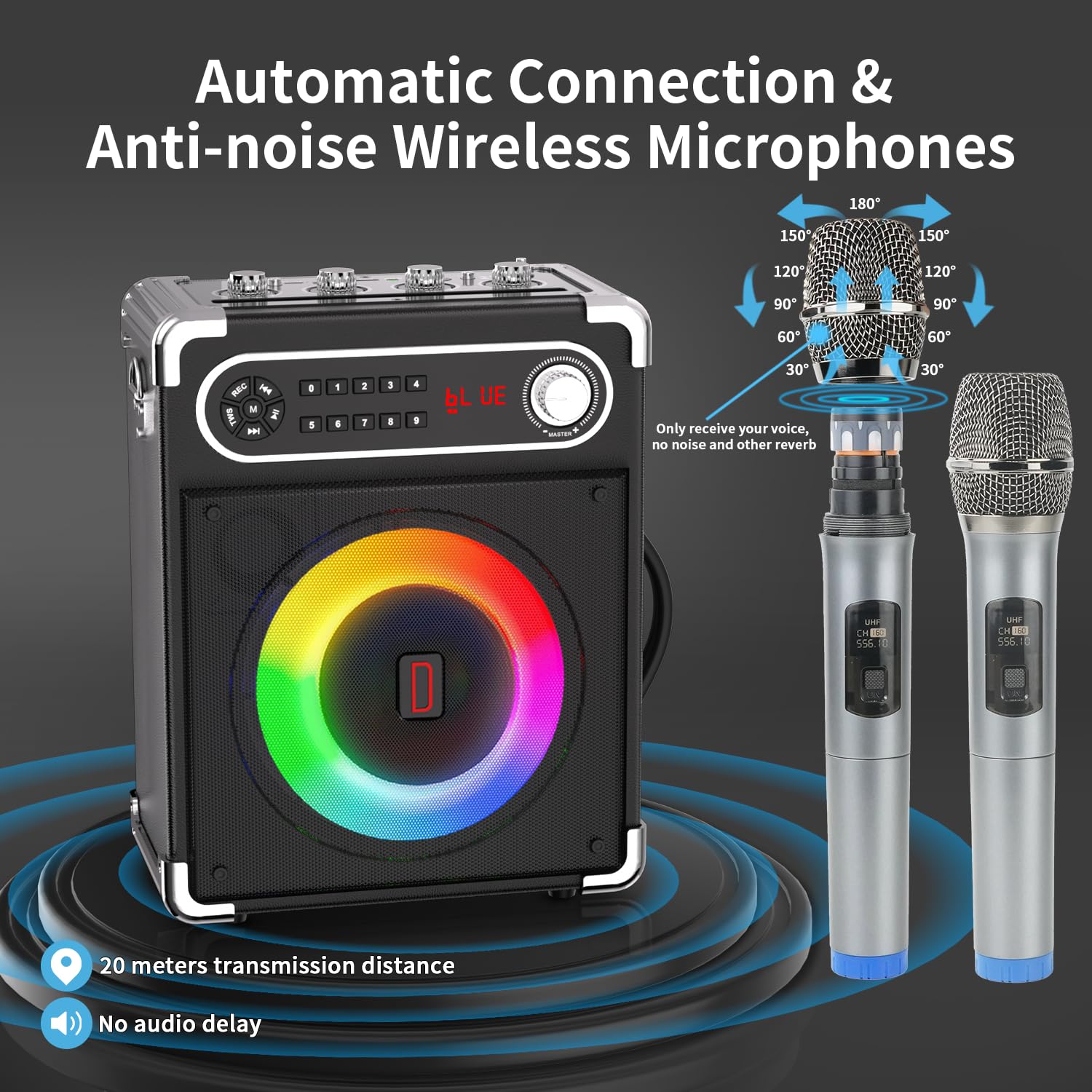 Karaoke Machine With 2 Wireless Microphones,Portable Bluetooth 5.1 Speaker For Adults Kids,Bass/Treble Adjustment,Pa System With
