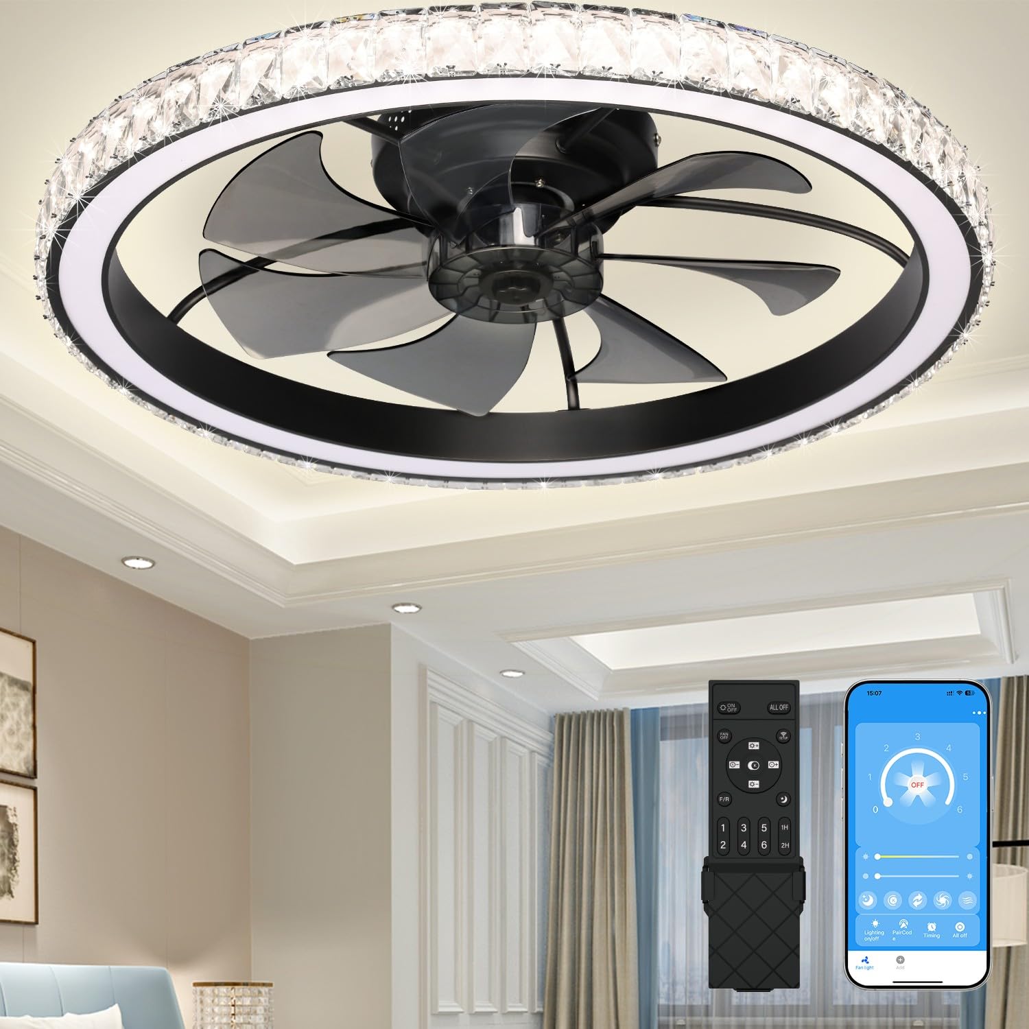 Aipsun Low Profile Modern Crystal Chandelier Ceiling Fans with Lights and Remote, 3000K-6500K Smart Bladeless LED Fan Light, 26 