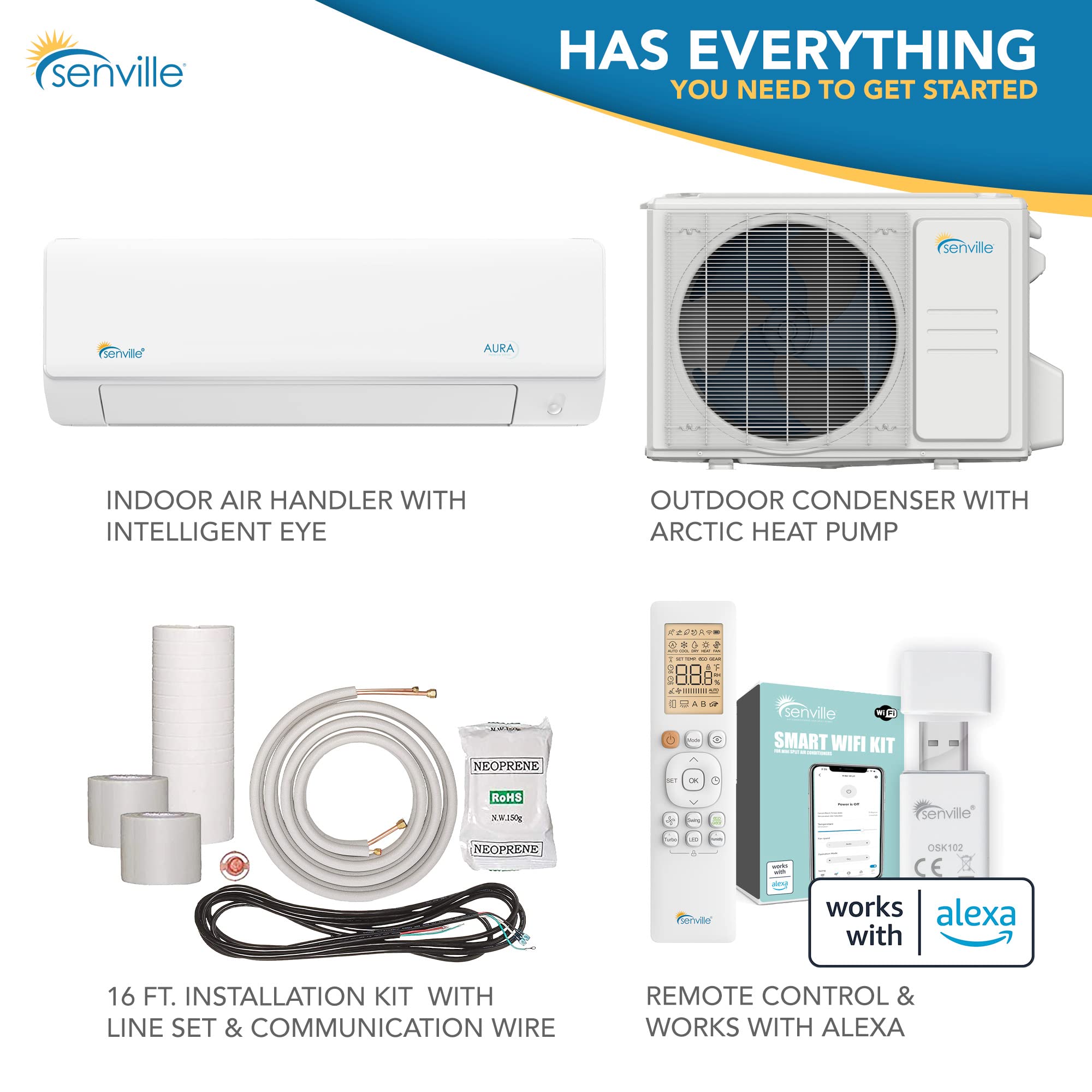 Senville Aura Series Mini Split Air Conditioner Inverter Heat Pump, 12000 Btu, Works With Alexa, Energy Star, White