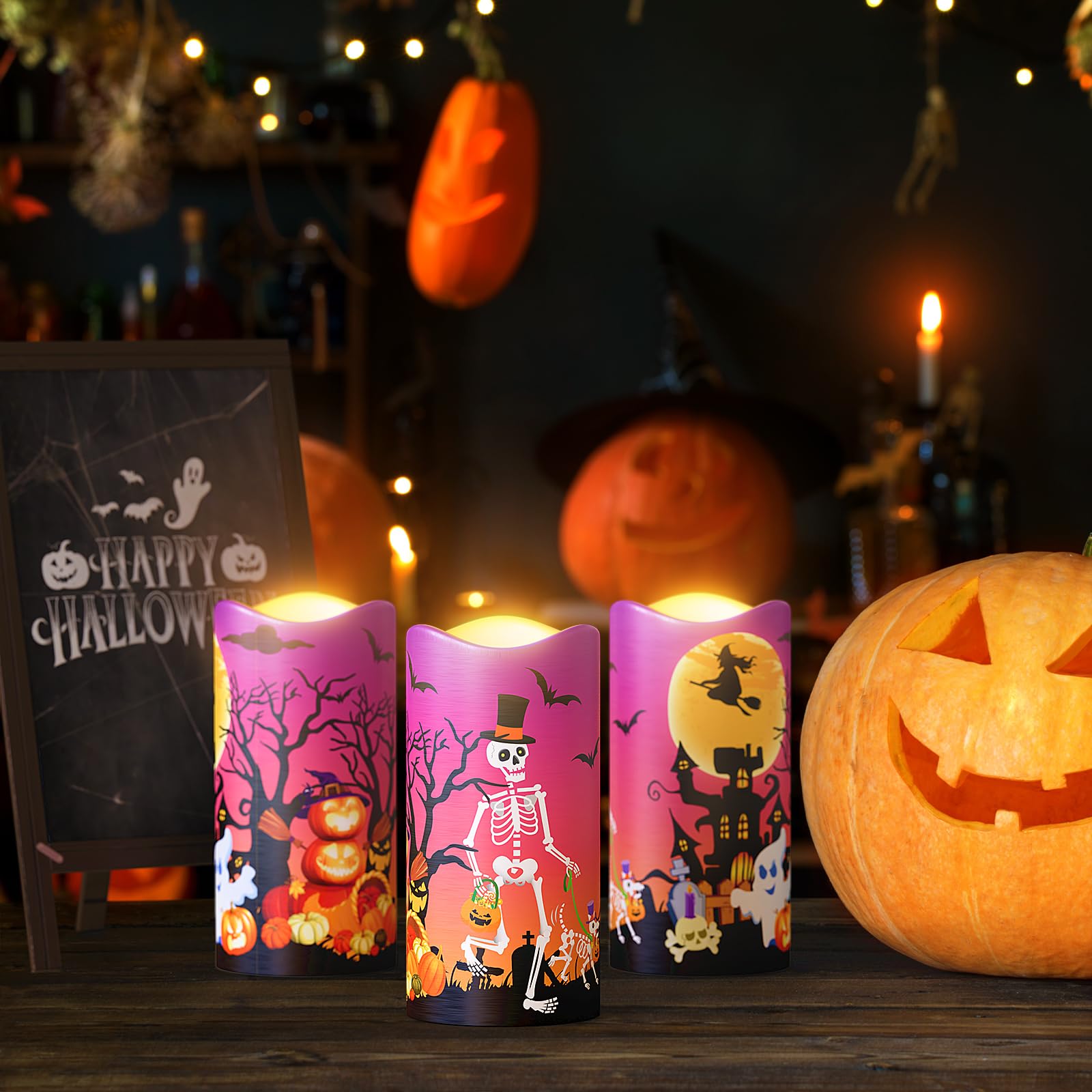 Halloween Flameless Led Candles, Orange Warm Light Halloween Candles, Battery Operated Candles, Candles With Remote Timers For H