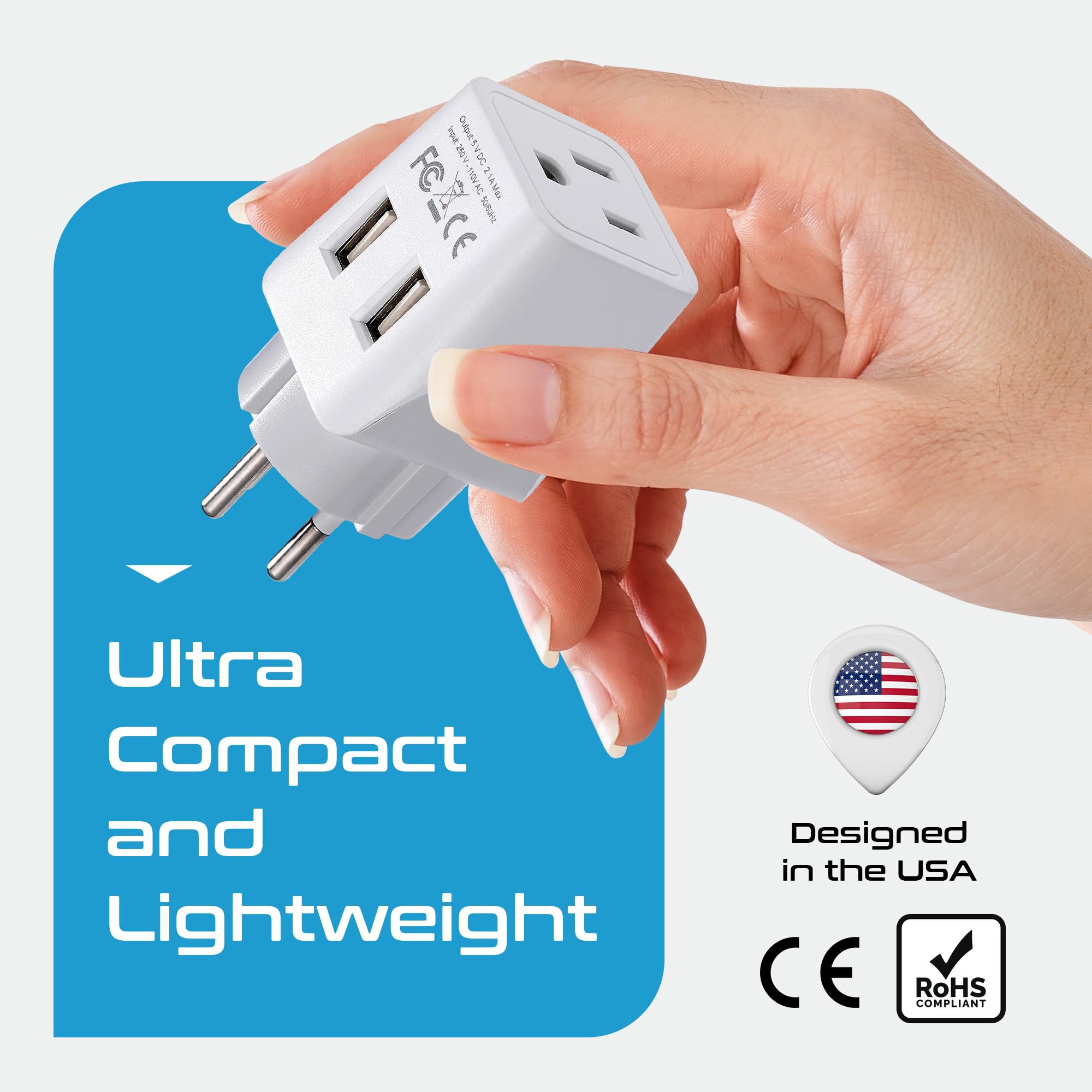 Ceptics Israel, Palestine Travel Adapter Plug With Dual Usb   Usa Input   Type H   Ultra Compact   Perfect For Cell Phones, Lapt