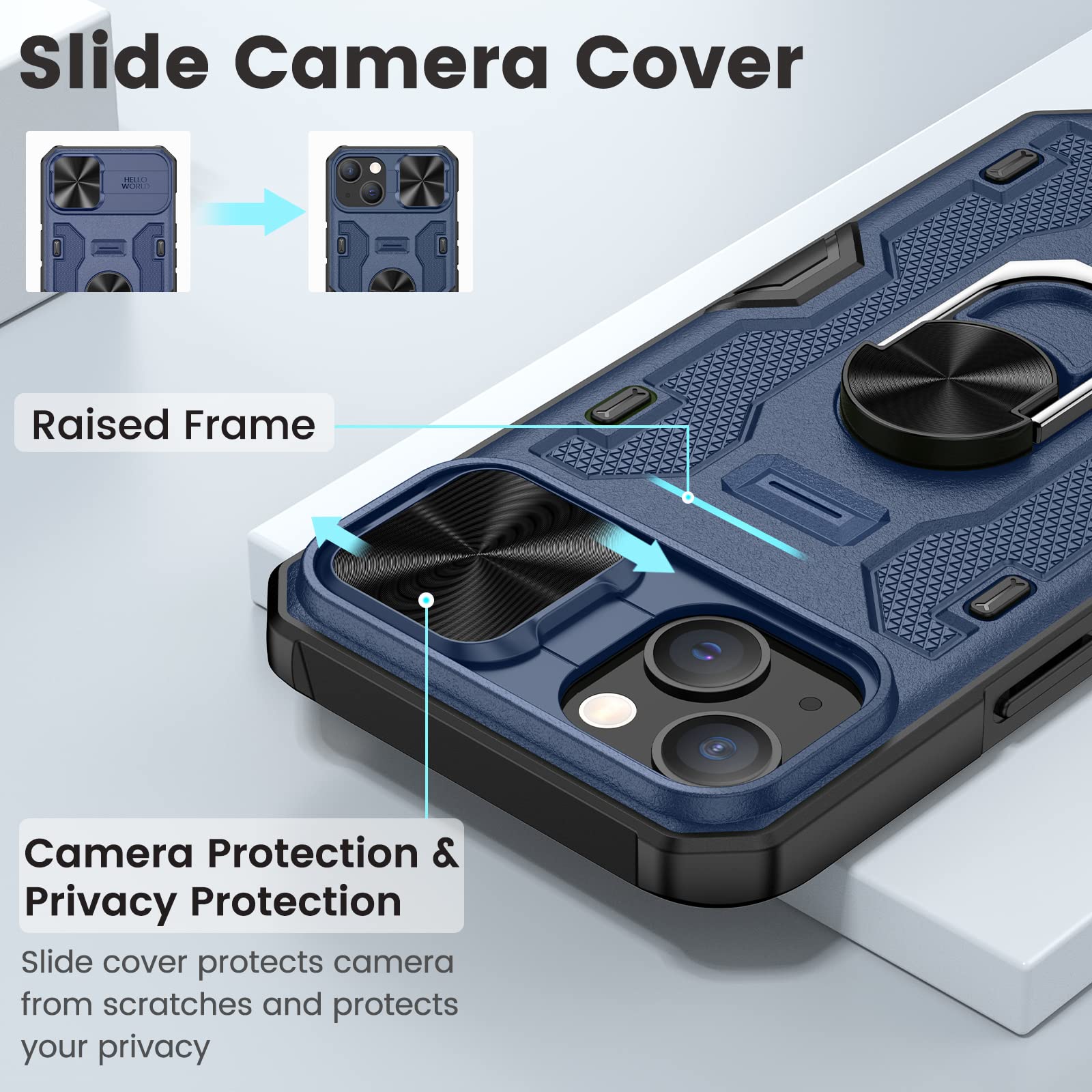 Caka Case For Iphone 14, Iphone 13 Case With Kickstand Stand Ring & Camera Cover For Men Magnetic Magnet Slide Lens Protection P