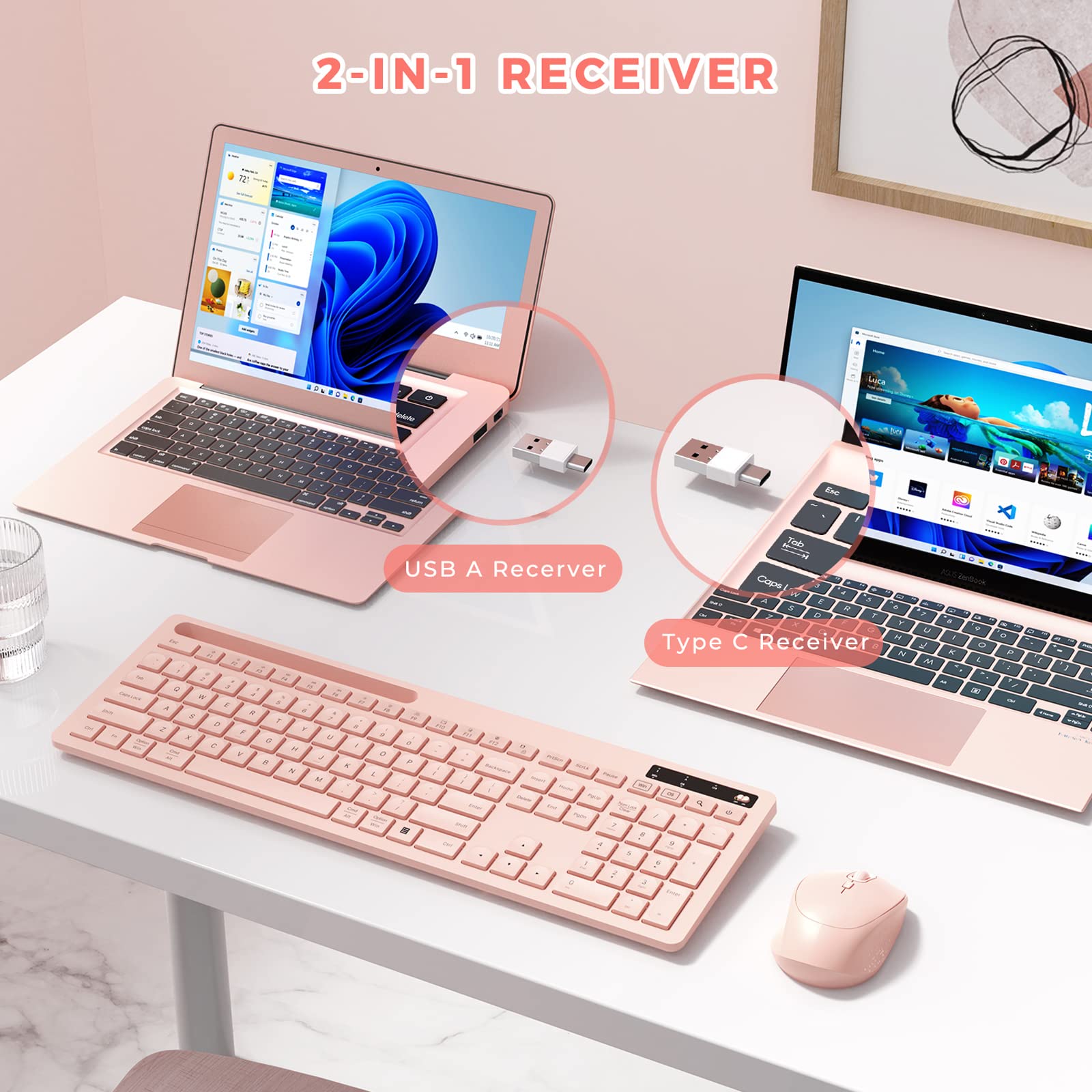 VIVEFOX Wireless Keyboard and Mouse Set, Pink, USB A & Type C, with Phone Holder for MacBook and Windows