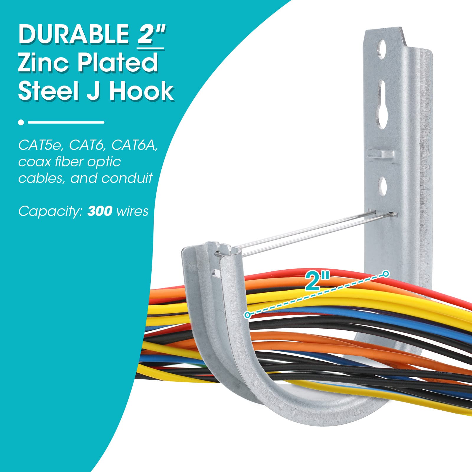 48 Pack 2 Inch Galvanized Steel Cable Support J Hook With Retainer Clips   48 Pack   Efficient Cable Management & Organization S